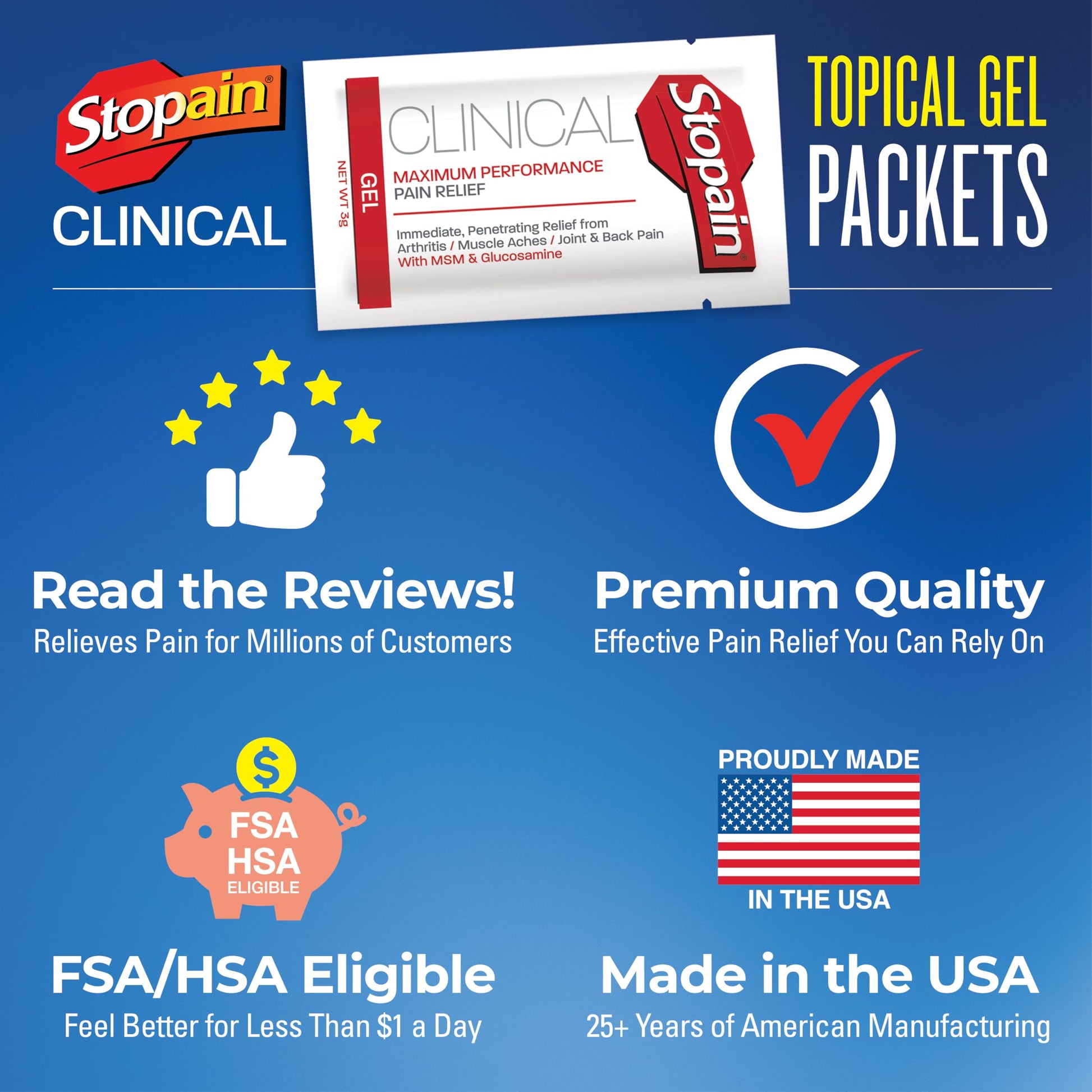 Stopain Pain Relief Clinical Gel Packets, 50 Pack, Made in USA, Maximum Performance Pain Relief with 10% Menthol Plus Glucosamine for Muscle Aches, Joint Pain, and Arthritis Stopain uk supplements