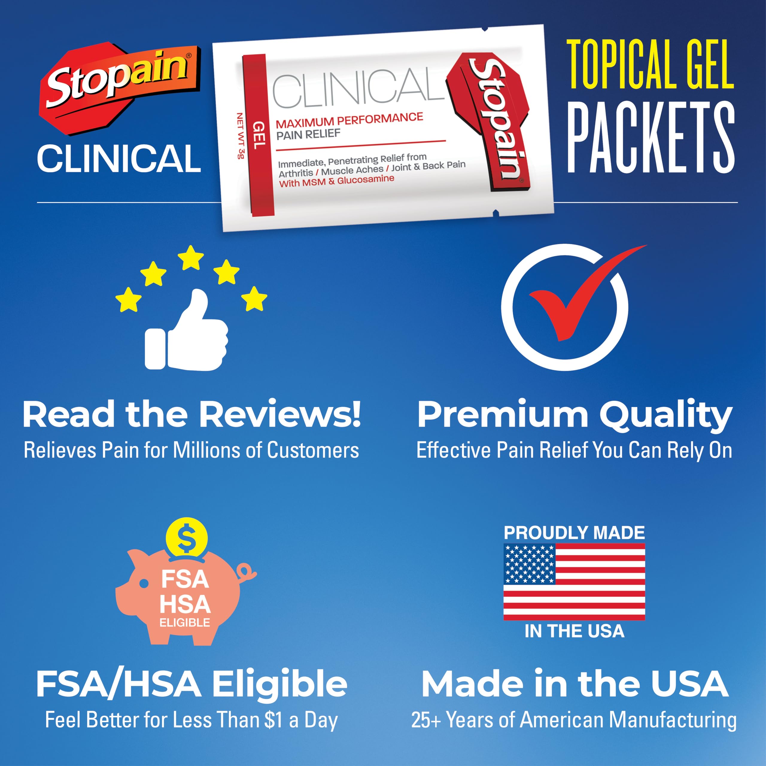 Stopain Pain Relief Clinical Gel Packets, 50 Pack, Made in USA, Maximum Performance Pain Relief with 10% Menthol Plus Glucosamine for Muscle Aches, Joint Pain, and Arthritis Stopain uk supplements