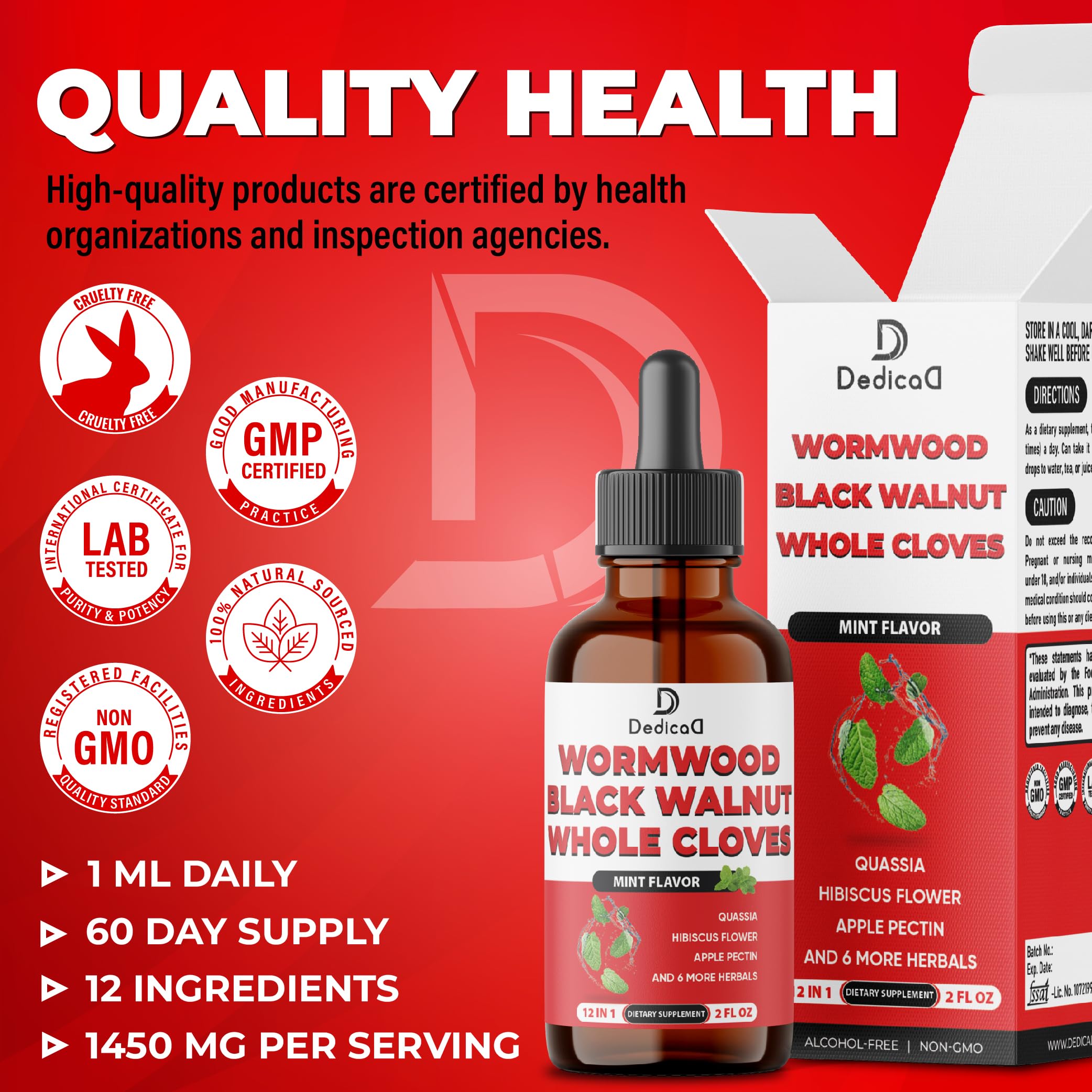 DEDICAD 12in1 Wormwood Liquid Drops Added Black Walnut, Whole Cloves and 9 More Herbs - 2 Fl Oz - 60 Days Supply - Mint Flavor DEDICAD uk supplements