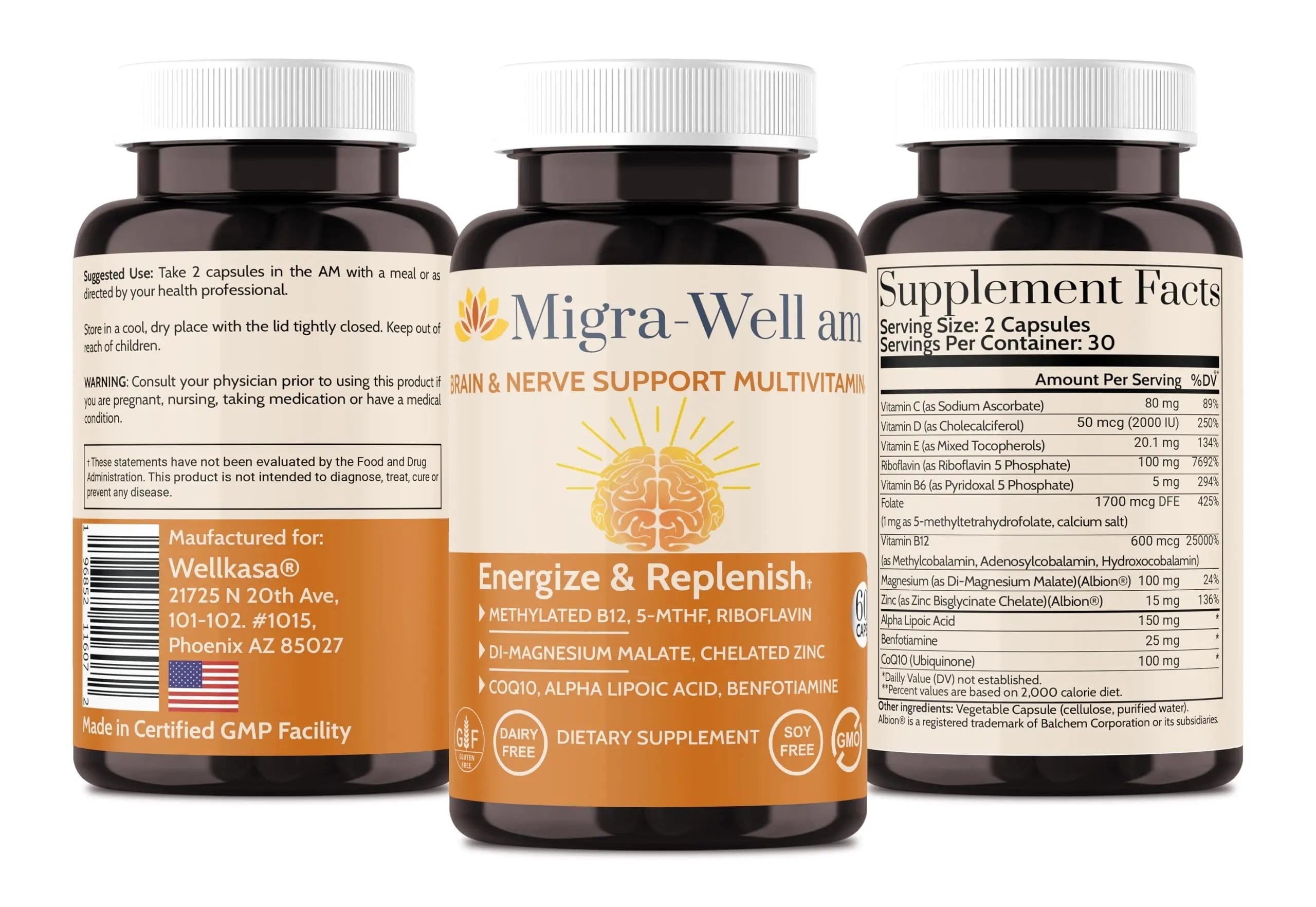 Wellkasa Migra-Well AM: Energizing Daily Methylated Multivitamin with Bioavailable Minerals & Antioxidants Supporting Brain Wellkasa uk supplements