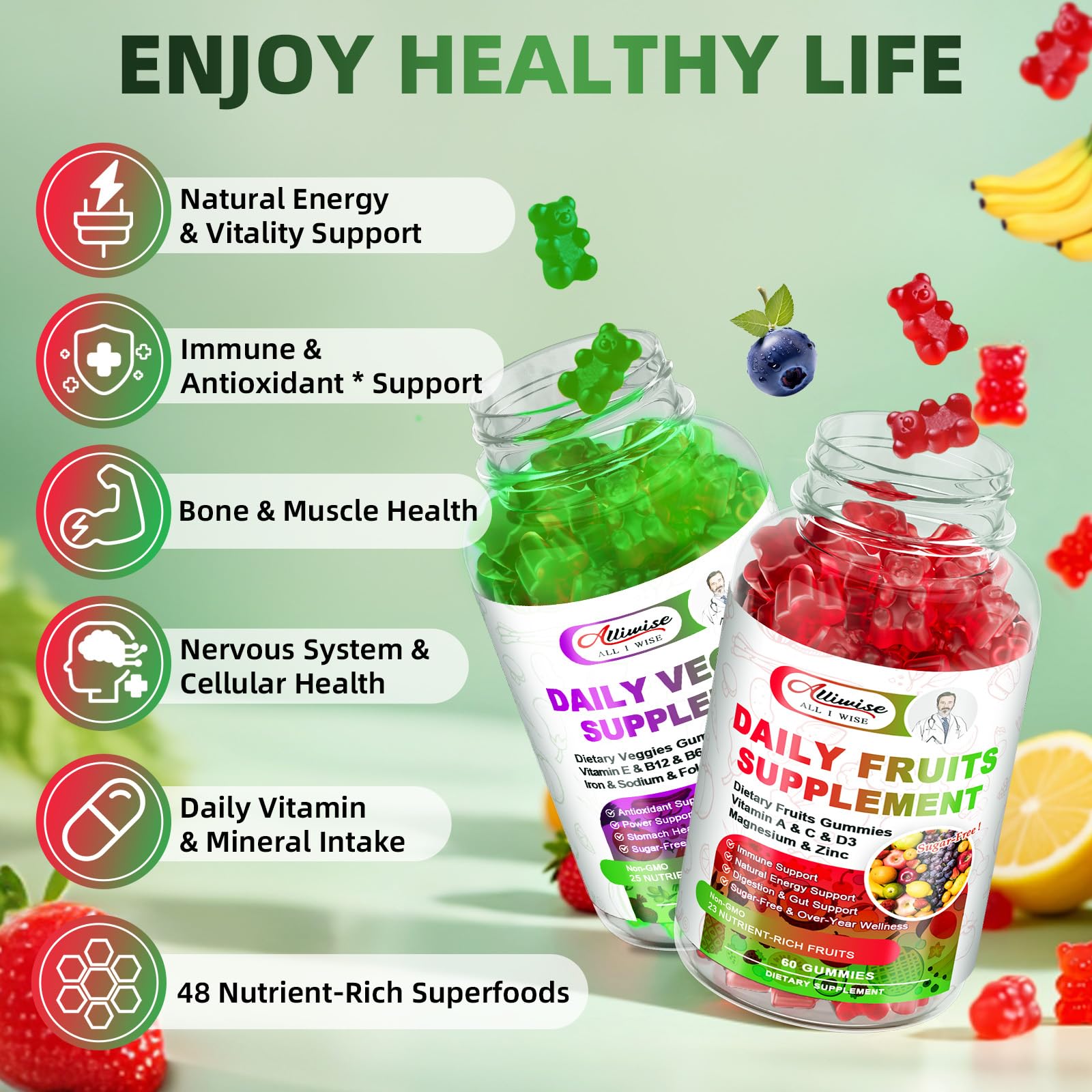 Sugar-Free Fruits & Veggies Gummies, Super Greens with 23 Fruits & 25 Veggies, Multivitamin Minerals & Fiber, Vegan Fruit & Vegetable Supplement for Adults, 120 Gummies, 2 Month Supply Alliwise uk supplements