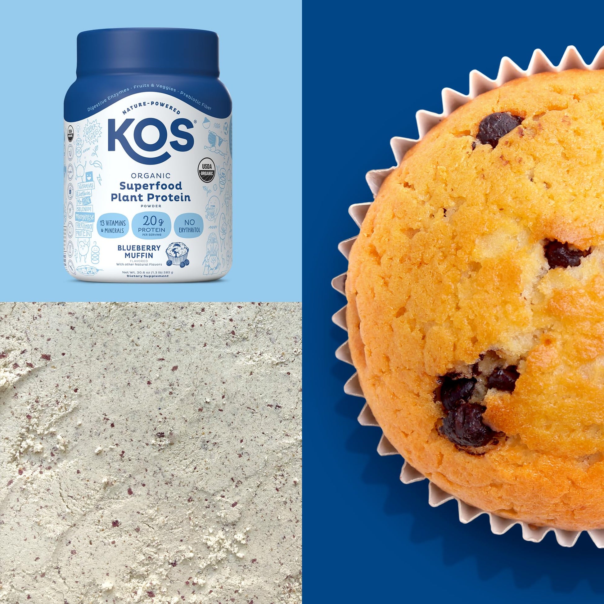 KOS Plant Based Protein Powder, Blueberry Muffin - Organic Pea Protein Superfood KOS uk supplements