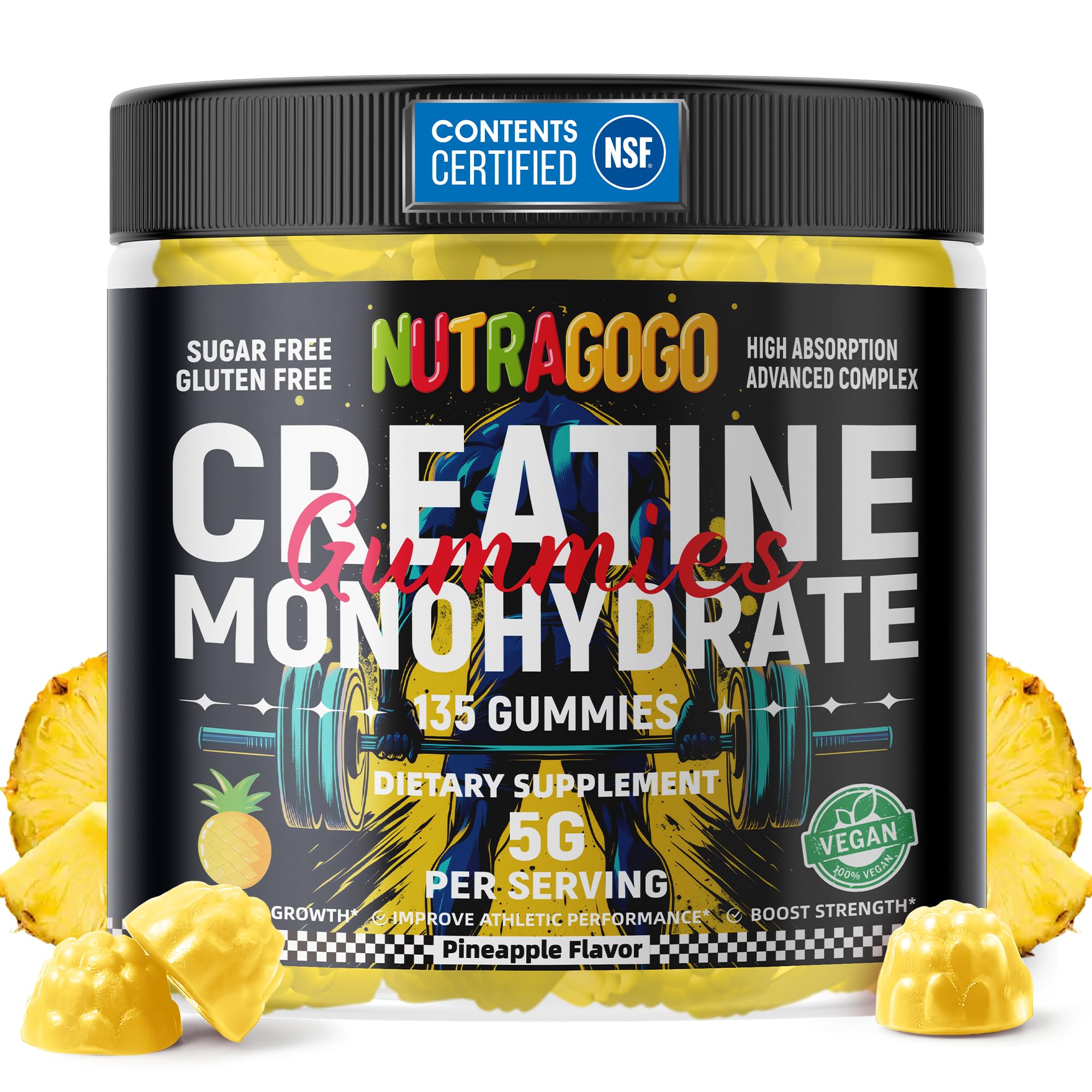 NUTRAGOGO NSF Certified Creatine Gummy - Creatine Monohydrate Gummies for Men & Women-5g of Creatine Monohydrate per Serving - Sugar Free,Vegan, Pineapple Electrolyte Chews, 135 Count NUTRAGOGO uk supplements
