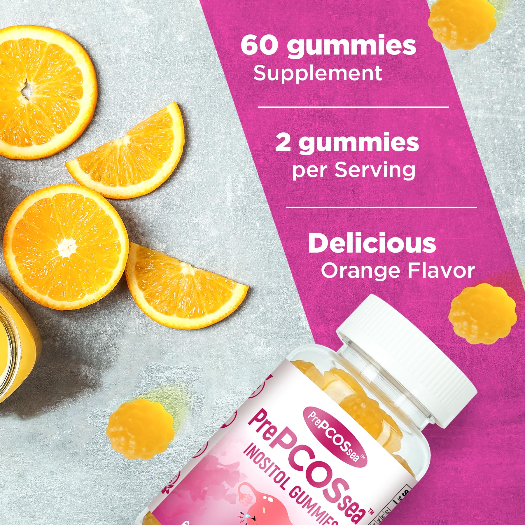 Feelherbs PrePCOSsea Inositol Gummies Vitamins, 2 Pack Orange Flavor Myo-Inositol Vitamin Gummies with Folate, B6, B12 & D-Biotin, 60 Count Soft Chews Feelherbs uk supplements