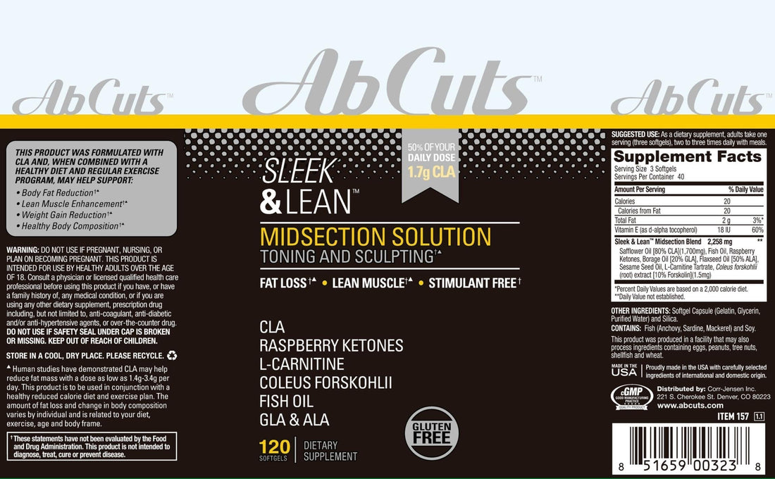 AbCuts Sleek and Lean - 120 Easy-to-Swallow Softgels - CLA Supplement, Fish Oil AbCuts uk supplements