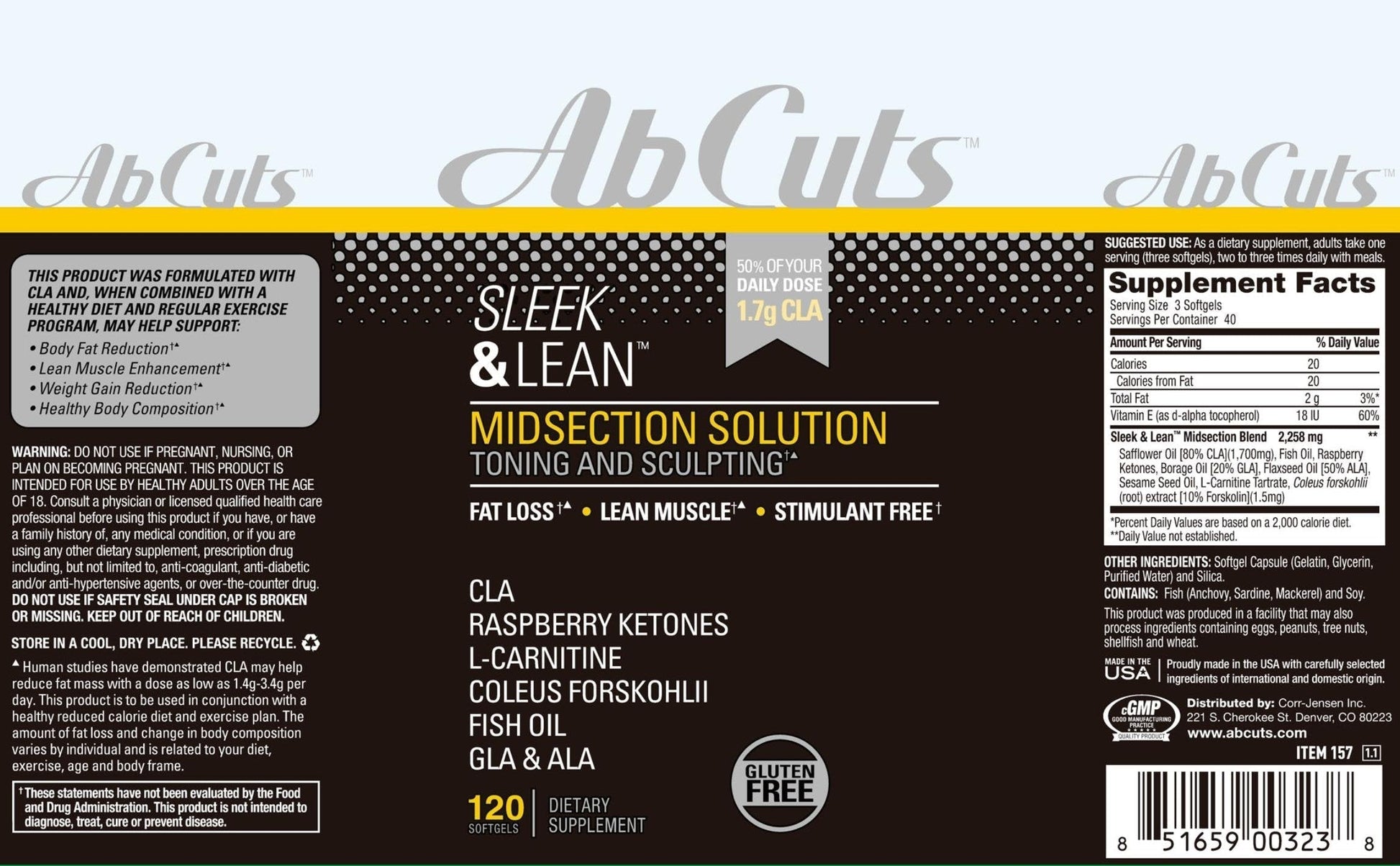 AbCuts Sleek and Lean - 120 Easy-to-Swallow Softgels - CLA Supplement, Fish Oil AbCuts uk supplements