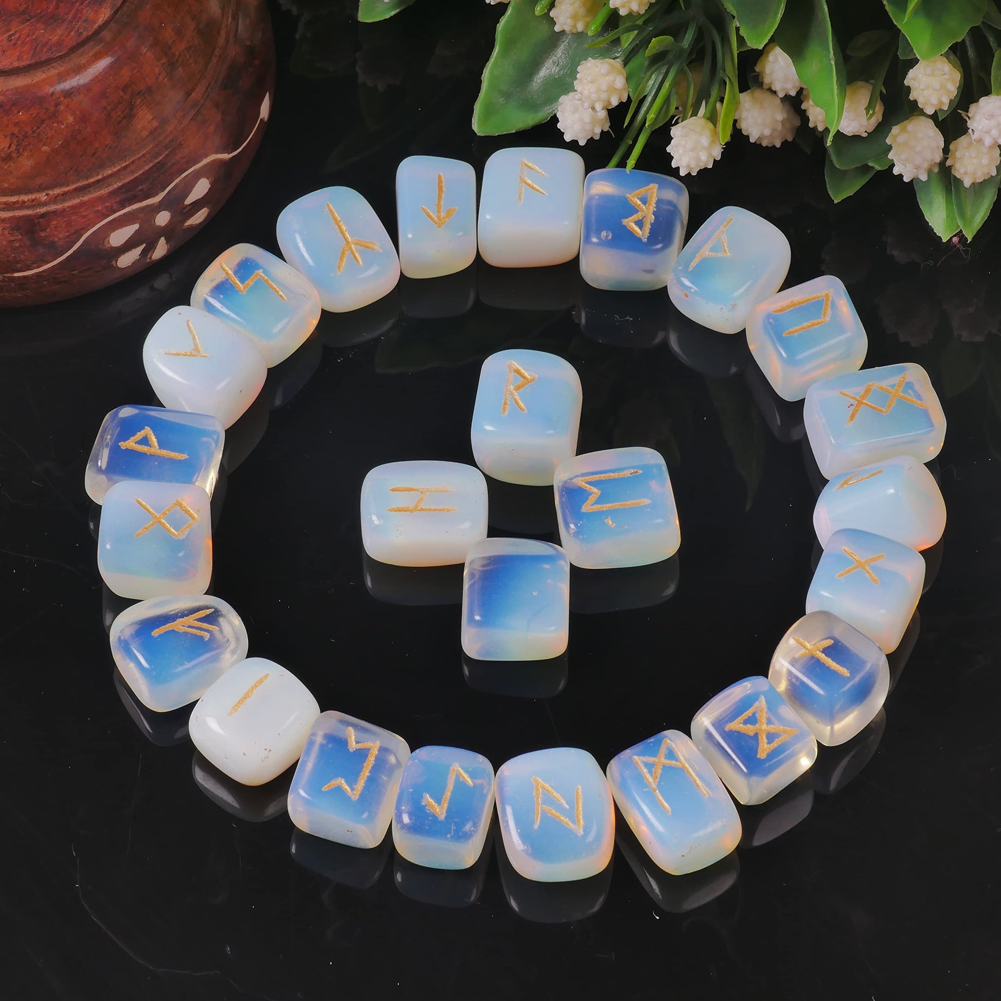 Opalite Rune Stone - Rune Set - Engraved Elder Futhark Alphabet Symbols - Witchcraft Crystals QUIPSA uk supplements