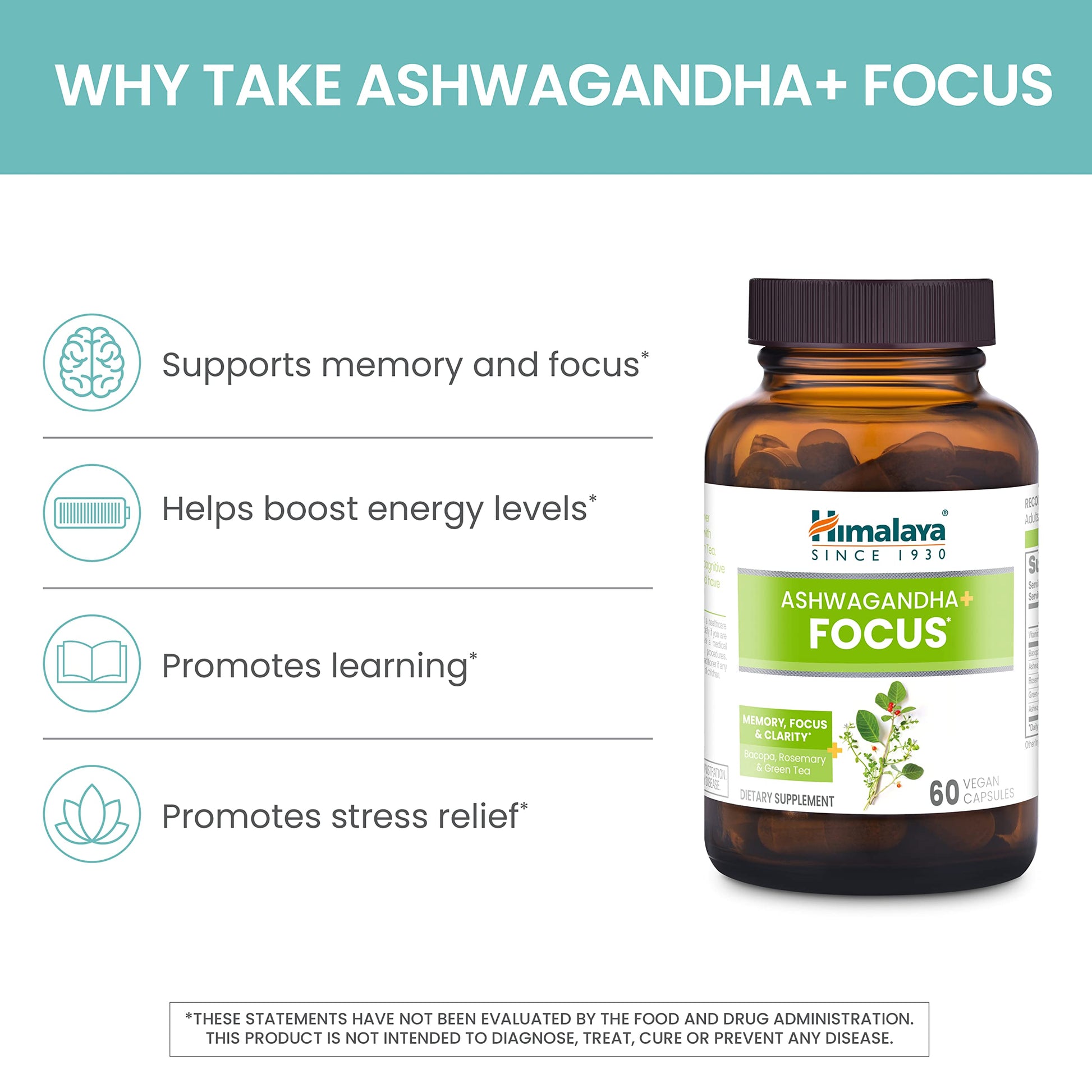 Himalaya Ashwagandha+ Focus - Herbal Focus Supplement with B12, Rosemary, Green Tea, and Bacopa Nootropics for Memory and Clarity - Vegan, Non-GMO, Gluten Free, 1690 mg, 60 Caplets Himalaya uk supplements