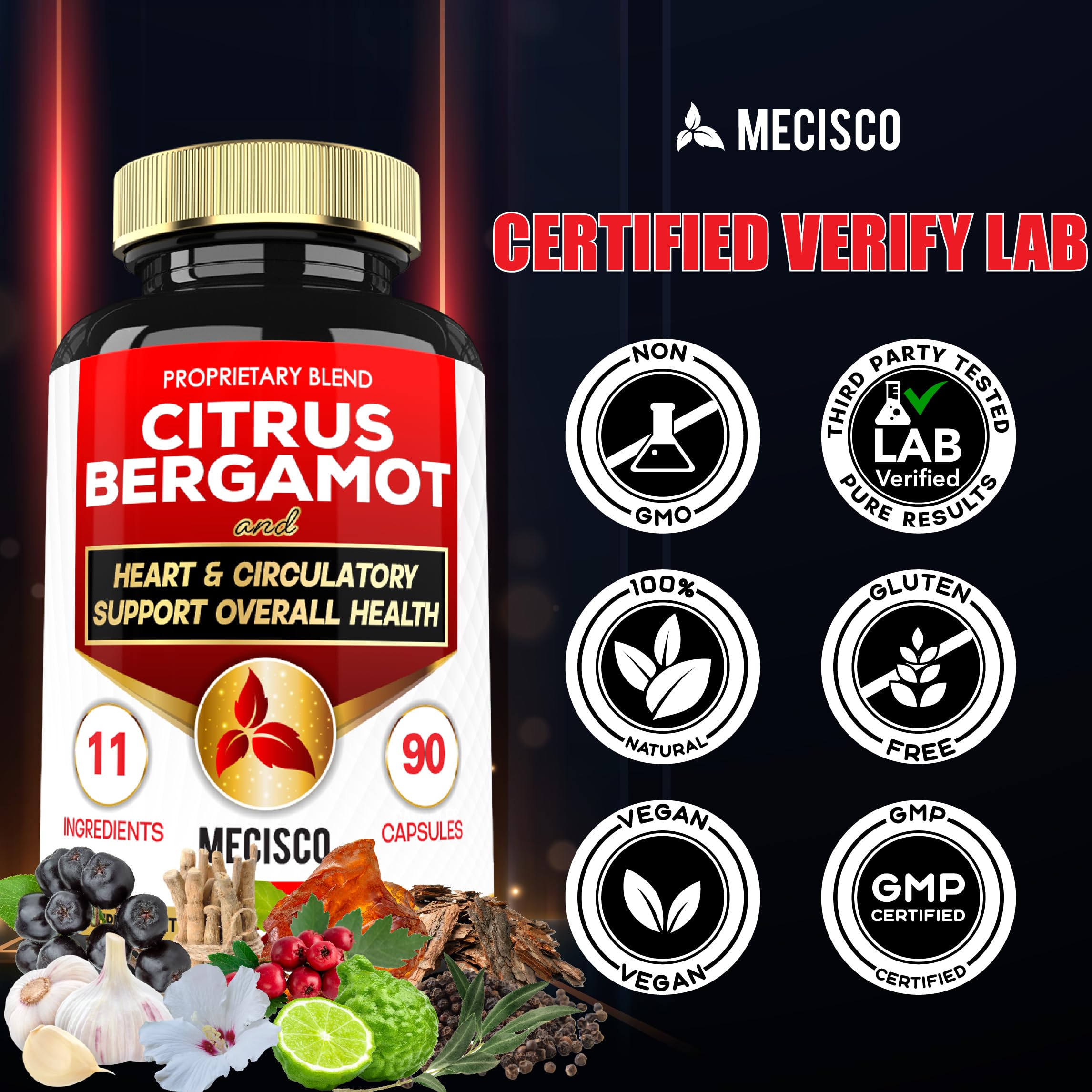 Mecisco 11 in 1 Citrus Bergamot Supplement 1000mg with Black Chokeberry, Berberine HCl & More - 90 Capsules - Supports Heart Health, Immune System, Energy Production Mecisco uk supplements