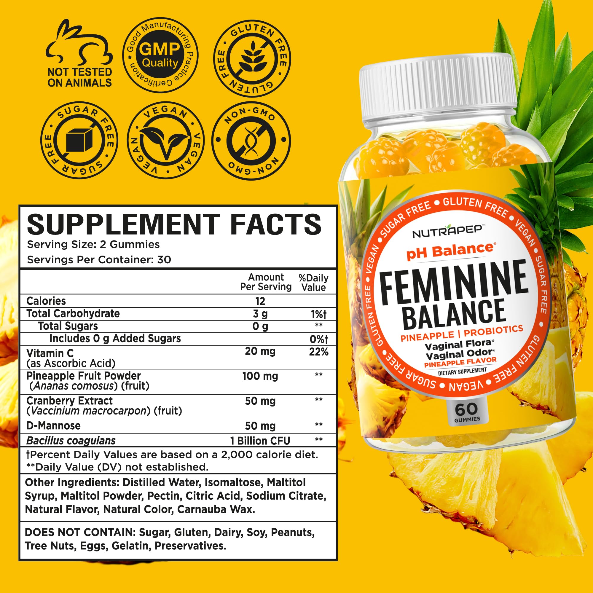 NutraPep Feminine Balance Probiotics Gummies for Women - Vaginal Health & Women's pH Balance Natural Gummy Supplement with Cranberry Pineapple Powder - Sugar Free Gluten Free Vegan (Pack of 2) NutraPep uk supplements