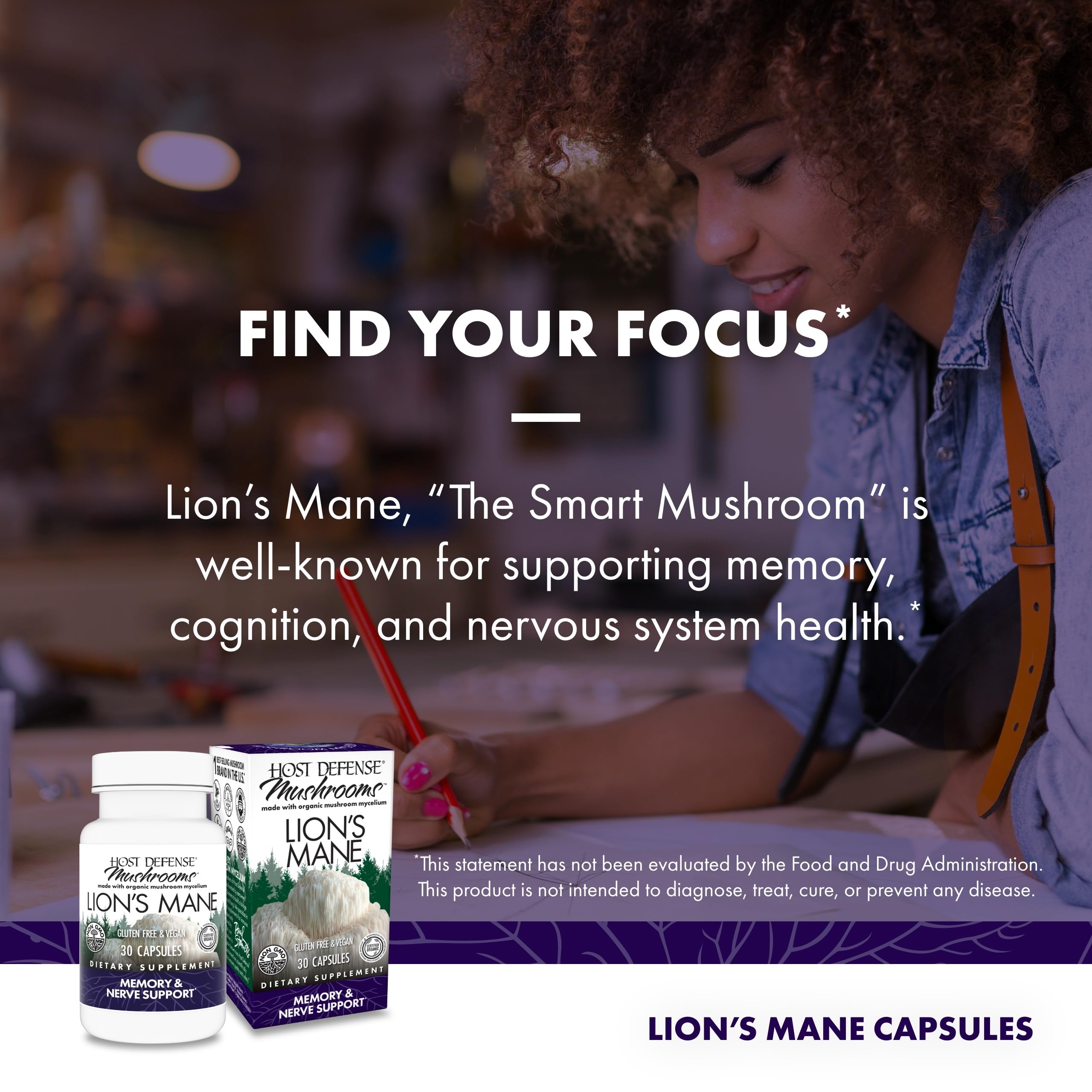 Host Defense Mushrooms Lion's Mane - Brain Health Support Supplement for Focus & Memory Function - Immune & Nervous System Support Supplement- 30 Capsules Host Defense uk supplements