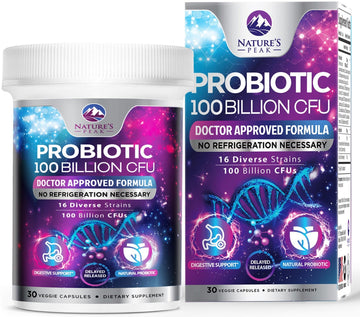 Probiotics 100 Billion CFU - 16 Premium Strains + Prebiotics - Best Probiotics for Women & Men - Supports Immune, Digestive & Gut Health, Supports Occasional Constipation, Gas & Bloating - 30 Capsules Nature's Peak uk supplements