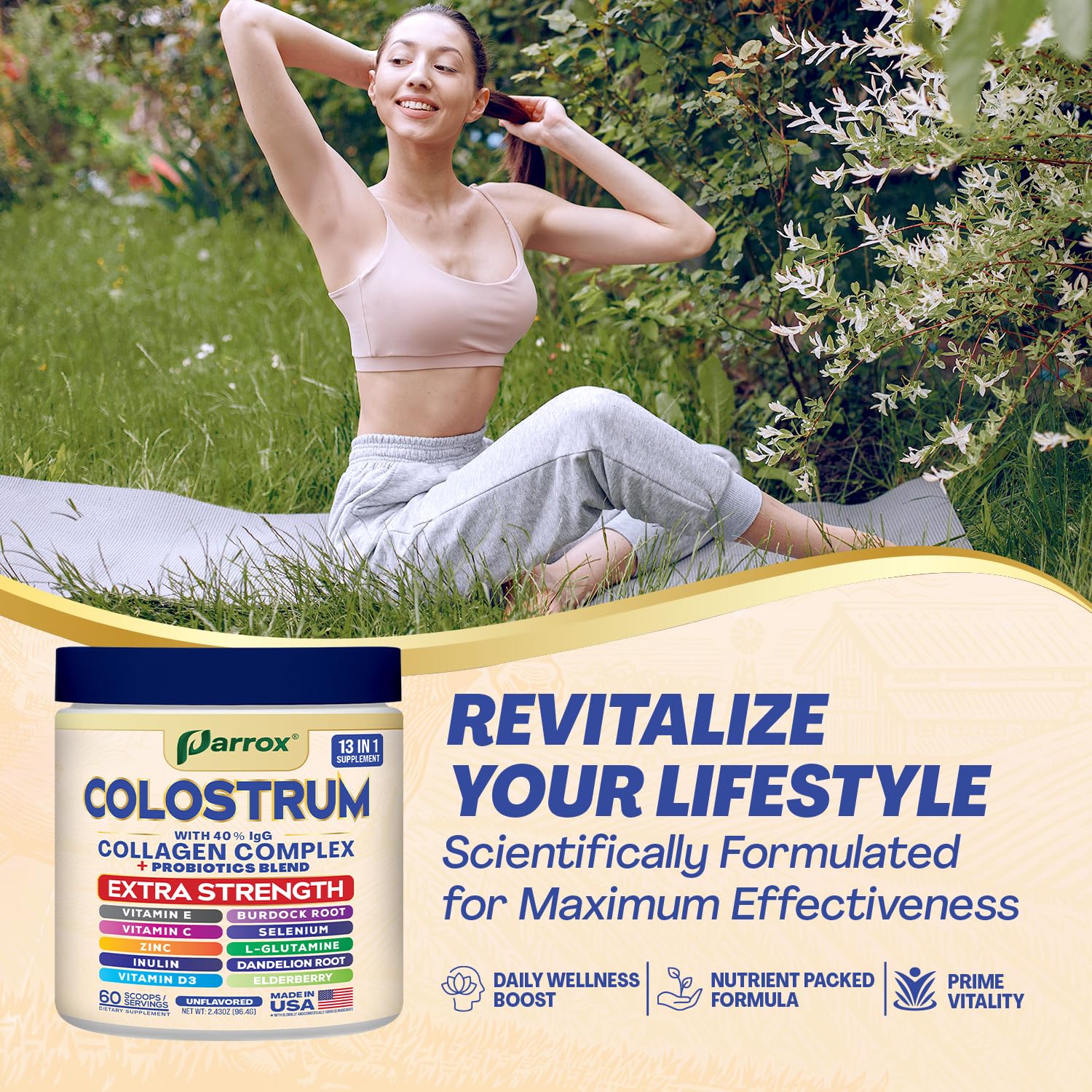 Parrox Colostrum Powder with 40% IgG, Collagen, Probiotics, Burdock Root, L-Glutamine, Elderberry, Vitamin C, Vitamin E, Vitamin D3, Inulin, Selenium, Dandelion Root, Zinc, 60 Servings (Unflavored) Parrox uk supplements