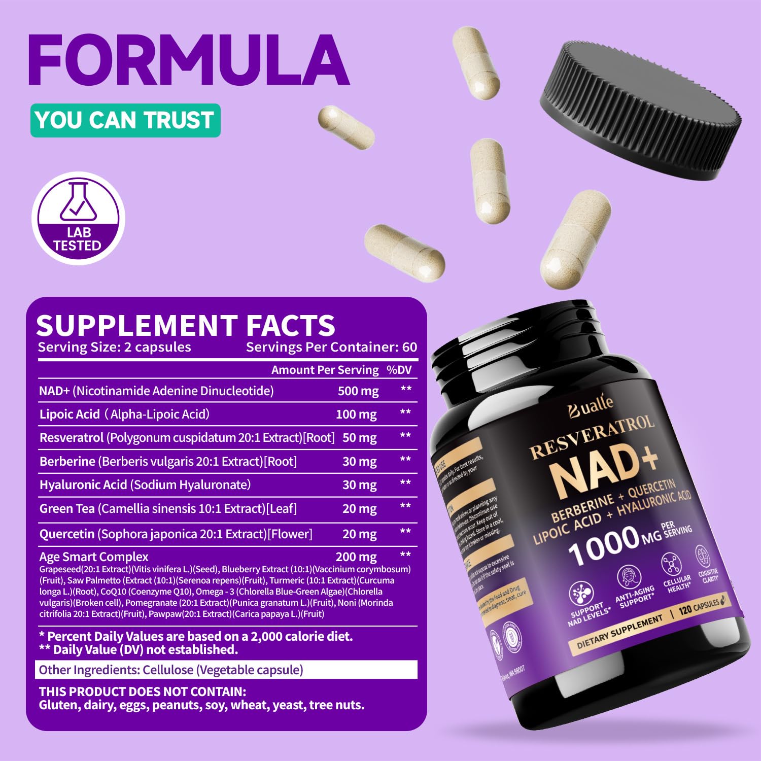 Bualle NAD Supplement, Liposomal NAD Resveratrol Supplement Contains Berberine, Alpha Lipoic Acid,Hyaluronic Acid & Quercetin - Joint Function& Support Anti-Aging,NMN Alternative -120 Capsules Bualle uk supplements