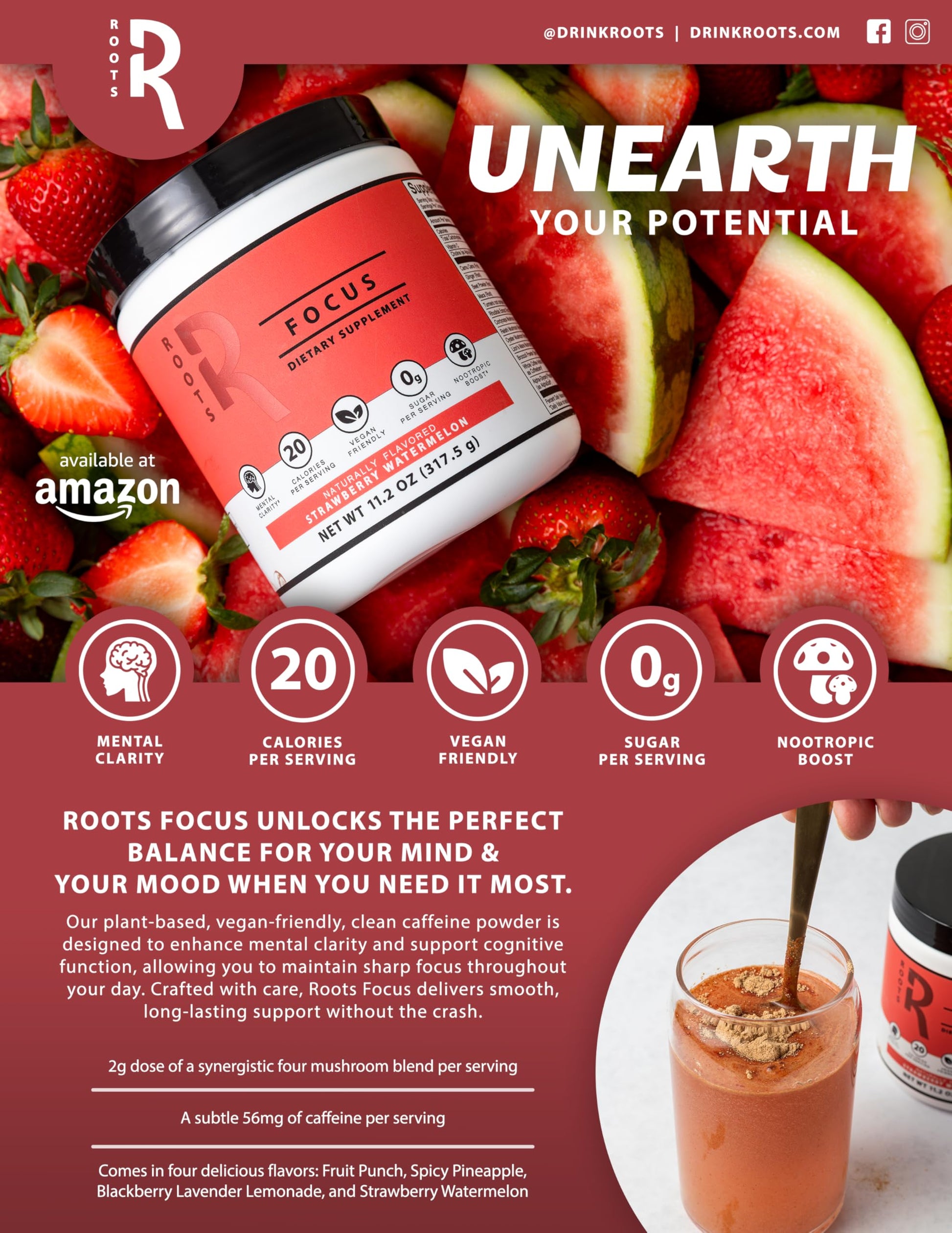 Roots Focus Brain Supplement - Nootropic Mushroom Supplement Powder for Memory, Focus, Energy - Lion's Mane, Cordyceps, Reishi Mushrooms with Caffeine - Blackberry Lemonade, 11.6oz Tub (50 Servings) Silver Star Nutrition uk supplements