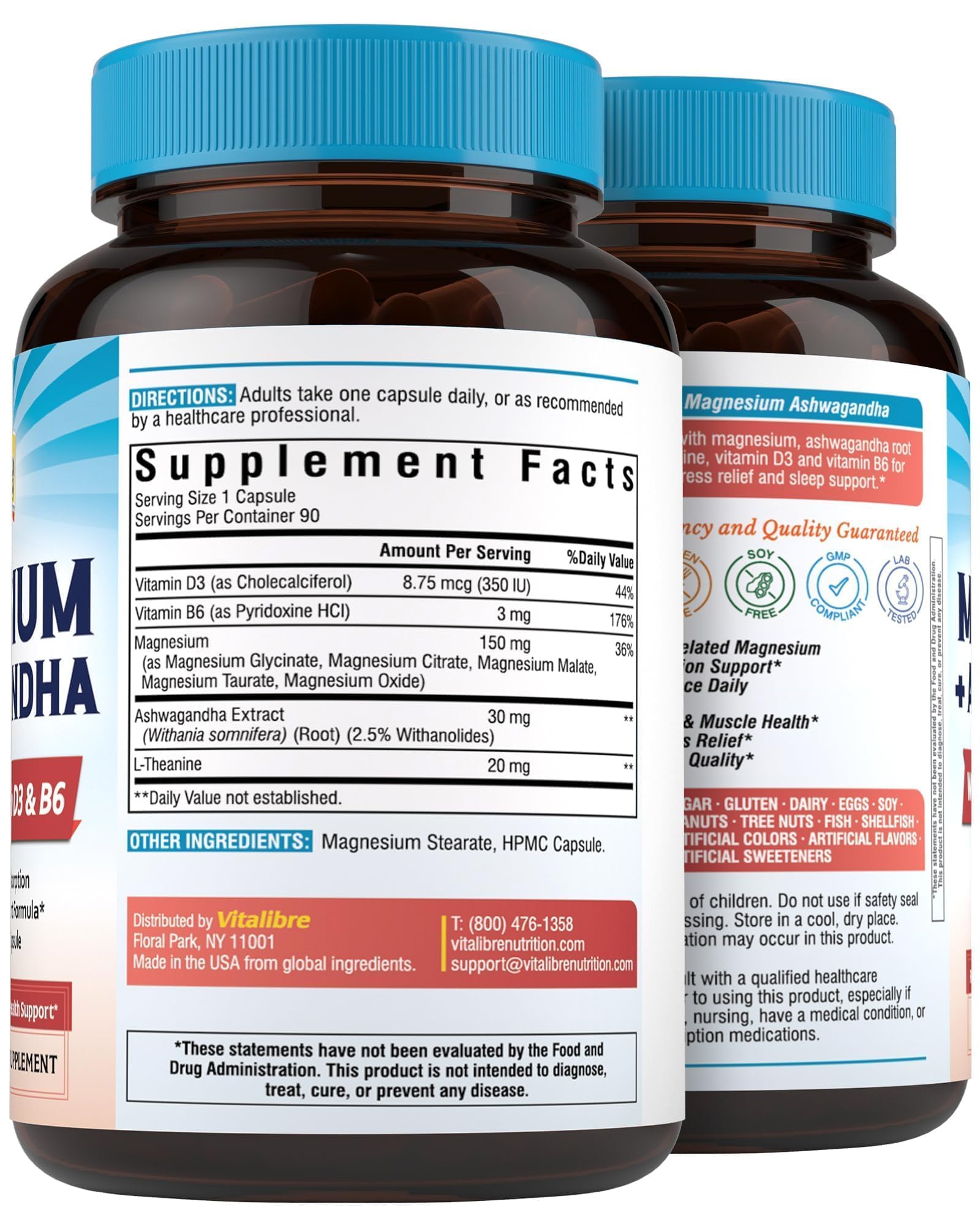 Vitalibre Magnesium Complex with Ashwagandha & L-Theanine - Stress Relief, Bone & Relaxation Support - w/Vitamin D3, B6 - Glycinate, Citrate, Malate, Taurate - 90 Vegan Capsules, Non-GMO, Gluten Free Vitalibre uk supplements