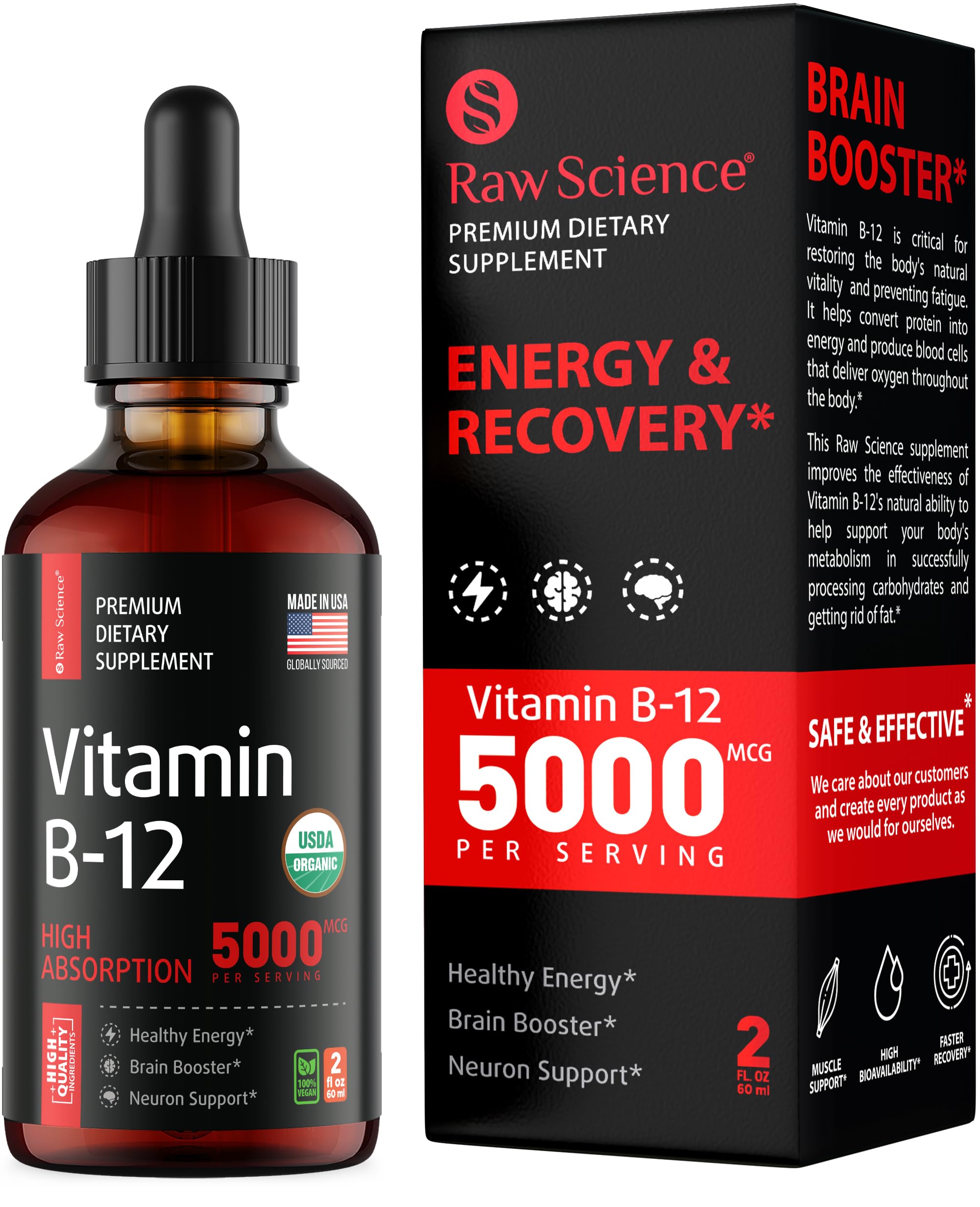 Vitamin B12 Liquid Drops Sublingual 5000mcg, Methyl & Methylcobalamin Supplements S RAW SCIENCE uk supplements