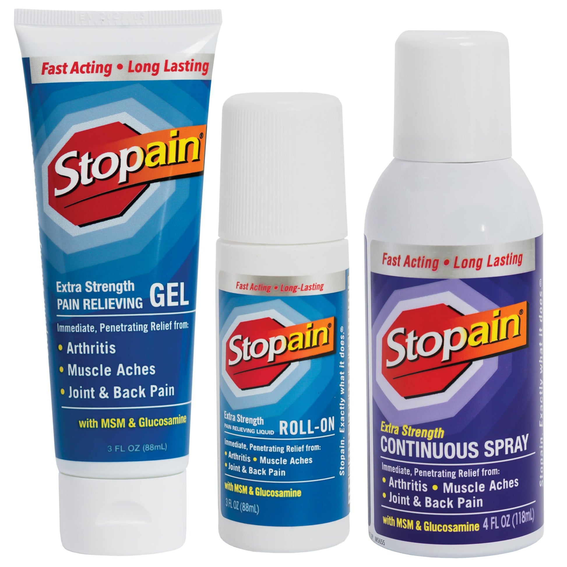 Stopain Pain Relief Combo Set (Gel, Roll On, Spray) USA Made, Max Strength Fast Acting with MSM, Glucosamine, Menthol for Lower Back, Knee, Neck HSA FSA Topical Analgesic Products Stopain uk supplements