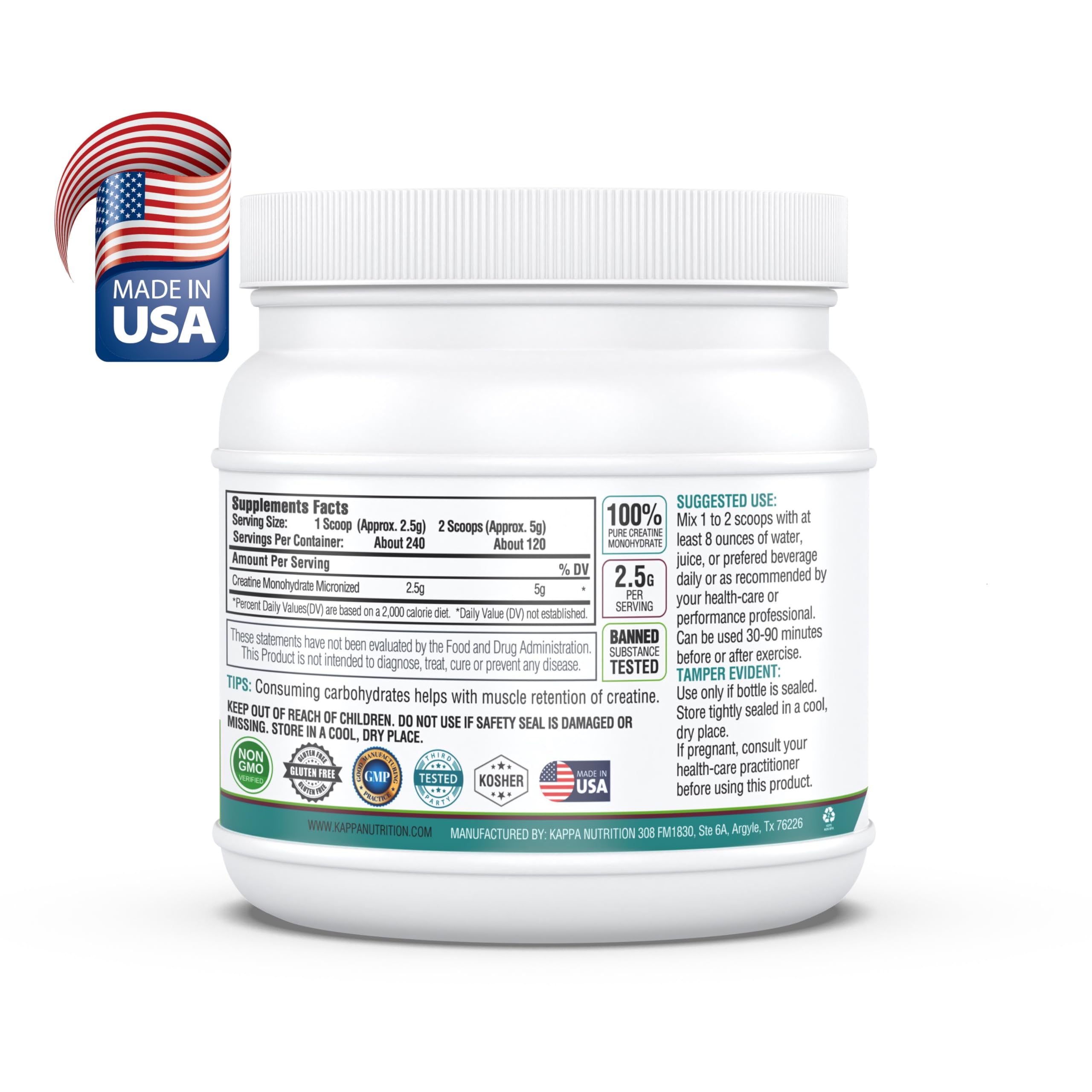 Kappa Nutrition Creatine Monohydrate Powder, Pure Amino Acid Formula, Supports Muscle Strength, Cellular Energy & Mental Focus* Gluten-Free, Keto, 2.25g per Scoop, 240 Servings, Net Wt. 1.32 LB (600g) KAPPA NUTRITION uk supplements