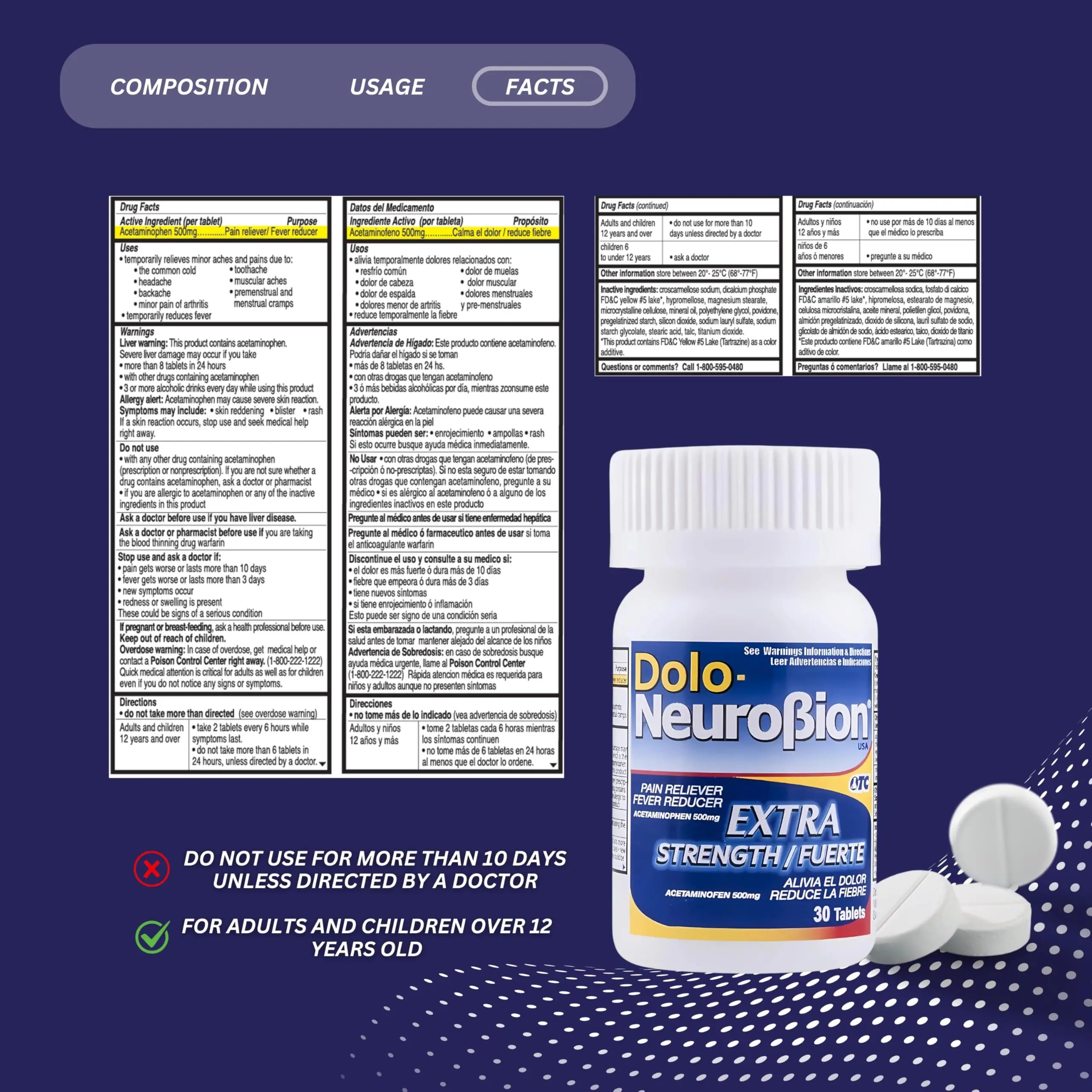 Dolo Neurobion 30 Tablets - Pain Reliever, Fever Reducer, Extra Strength, Fuerte, Alivia el Dolor, Reduce la Fiebre Neurobion uk supplements