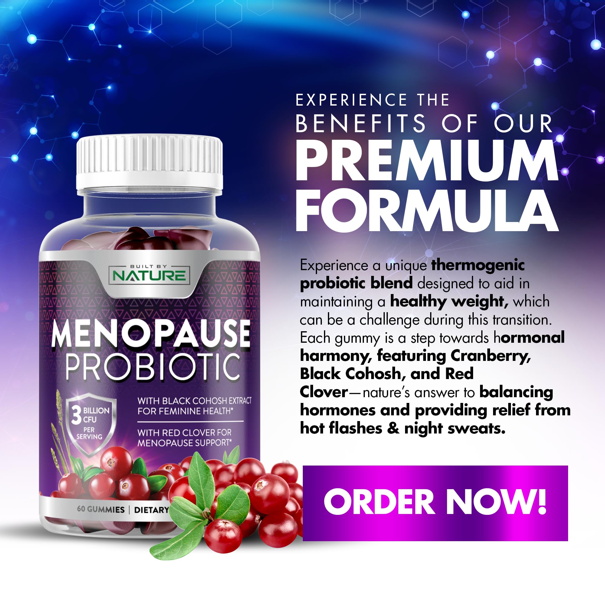 Menopause Supplements for Women - Menopause Probiotic Gummy - Women’s Menopause Relief for Hot Flashes, Night Sweats & Mood Swings with Black Cohosh & Cranberry - Non-GMO, Vegan - 60 Gummies Built by Nature uk supplements