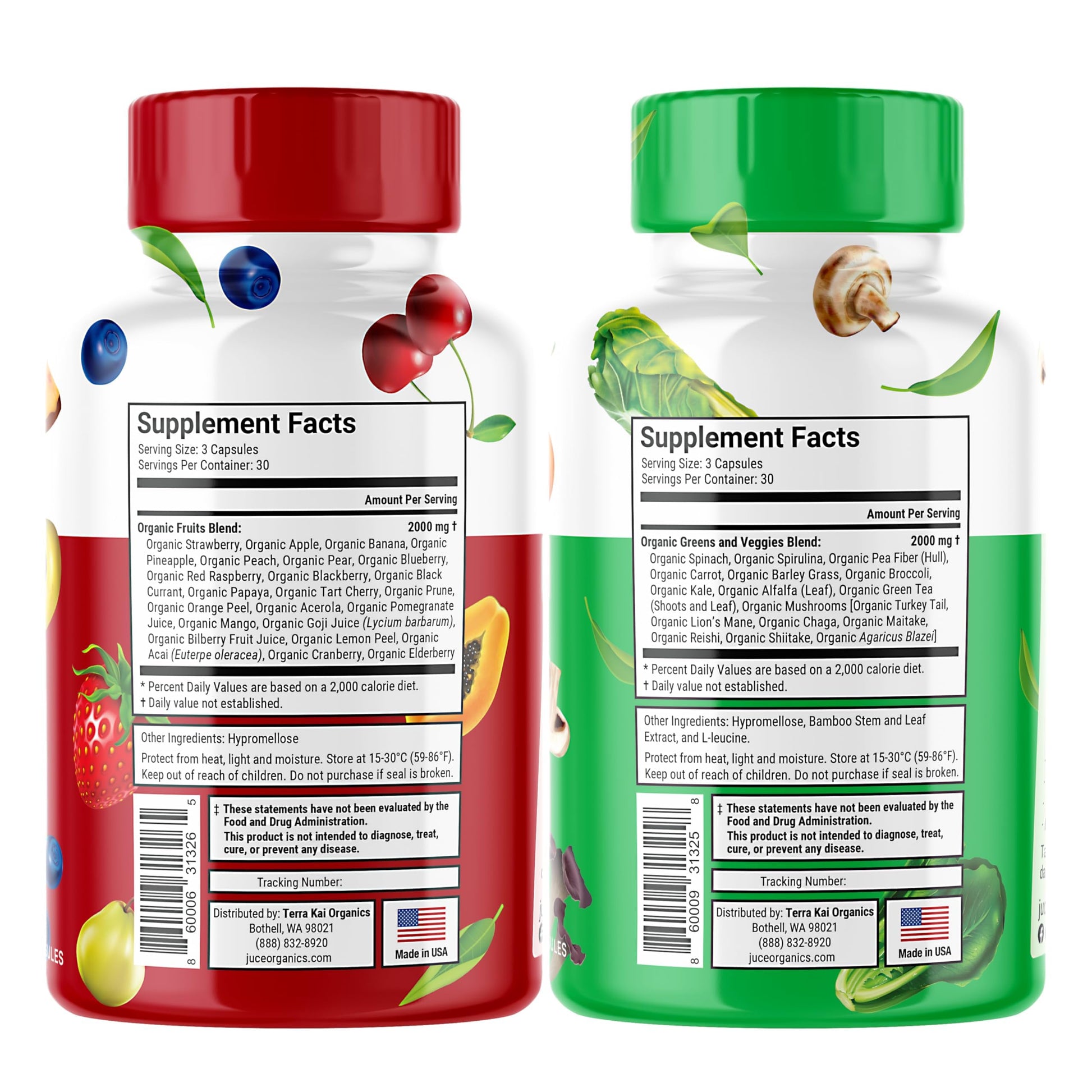Juce Original Formula - Organic Super Fruit & Veggies Supplement - Gluten/Gelatin Free, Soy Free & Vegan- Reds & Greens Superfood Capsules- 23 Fruits & 23 Vegetables (180 Count)- By Terra Kai Organics Terra Kai Organics uk supplements