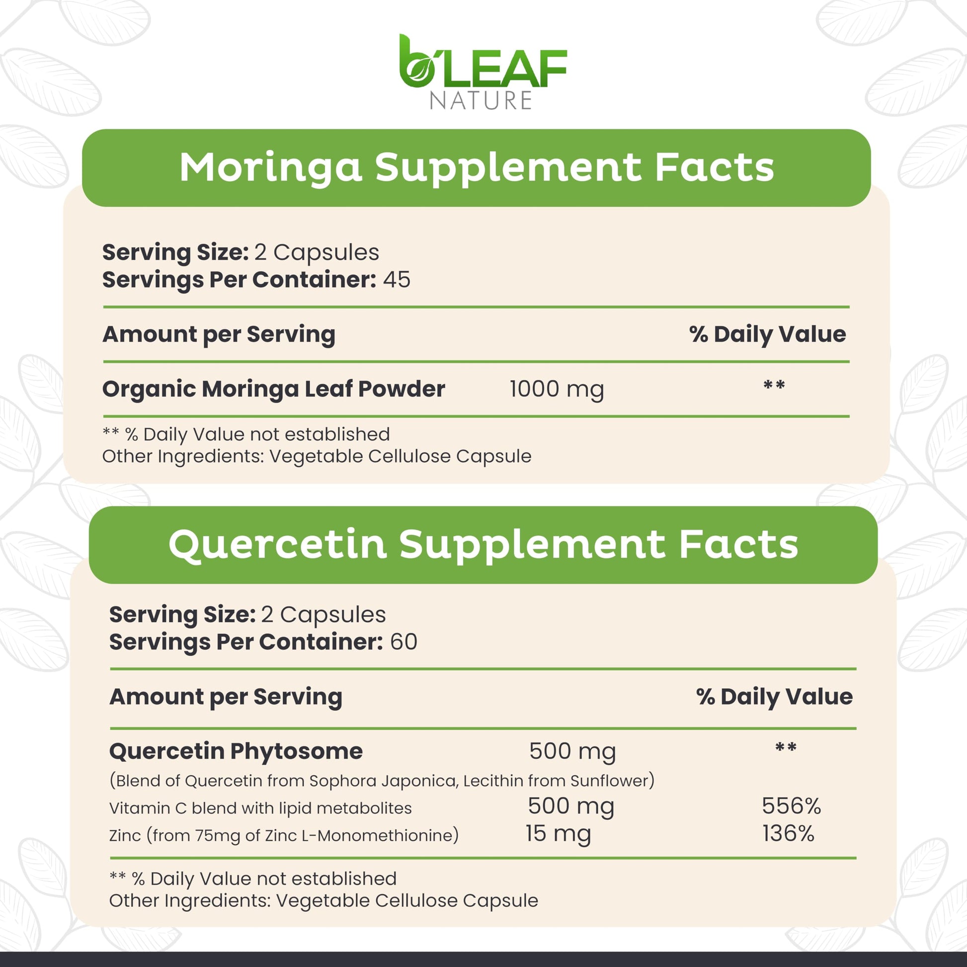 B'LEAF NATURE Moringa and Quercetin Bundle - Non-GMO, Vegan, High Absorption Capsules - 1000mg Quercetin Phytosome Blend + 1000mg Moringa - Natural Energy, Wellness and Immune Support Supplements B'LEAF NATURE uk supplements