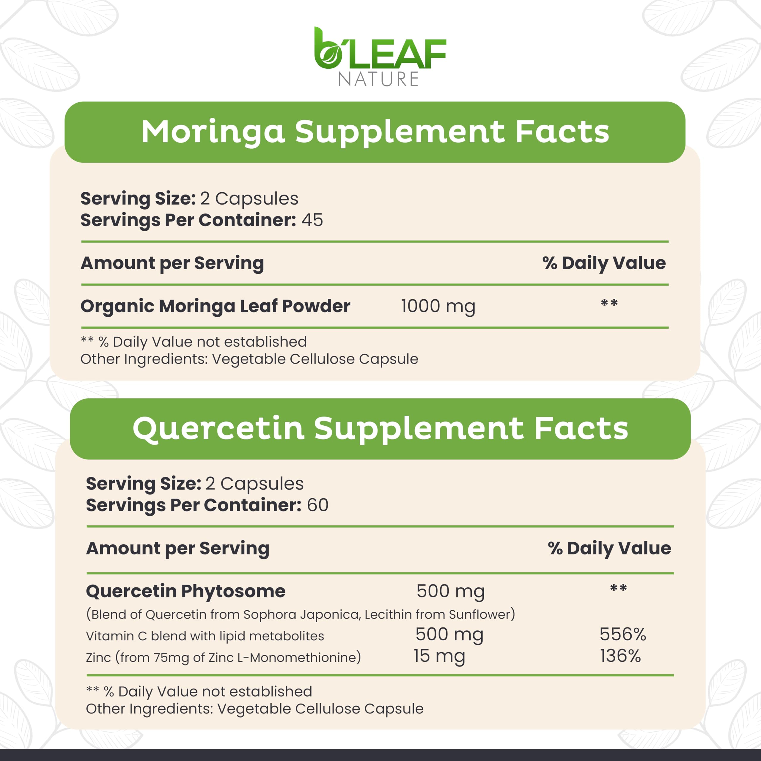 B'LEAF NATURE Moringa and Quercetin Bundle - Non-GMO, Vegan, High Absorption Capsules - 1000mg Quercetin Phytosome Blend + 1000mg Moringa - Natural Energy, Wellness and Immune Support Supplements B'LEAF NATURE uk supplements