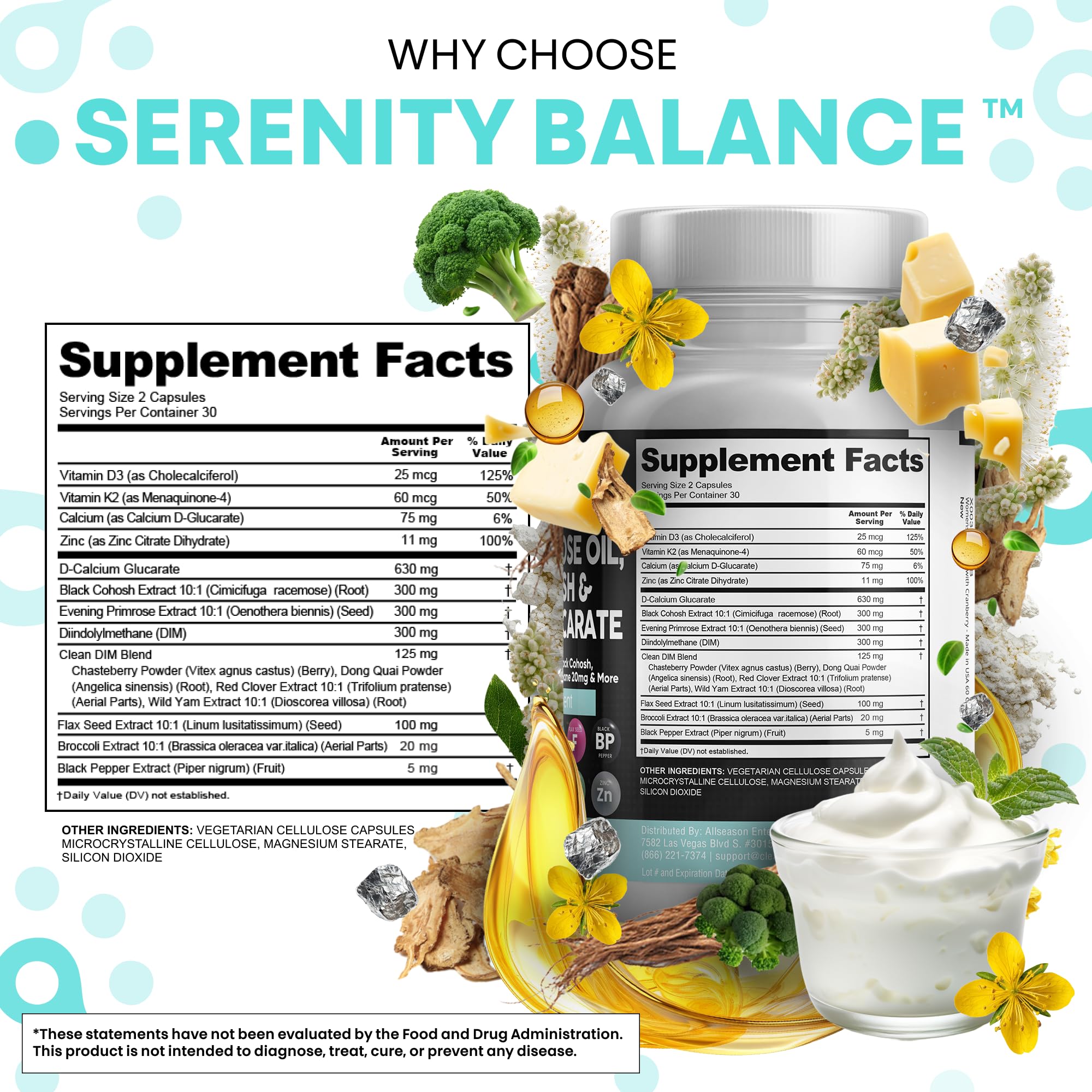 Clean Nutraceuticals DIM Evening Primrose Black Cohosh Calcium D-Glucarate Sulforaphane Flax Seed Extract - Hormonal Support Vitamins for Women with Dong Quai - 60 Caps Clean Nutraceuticals uk supplements