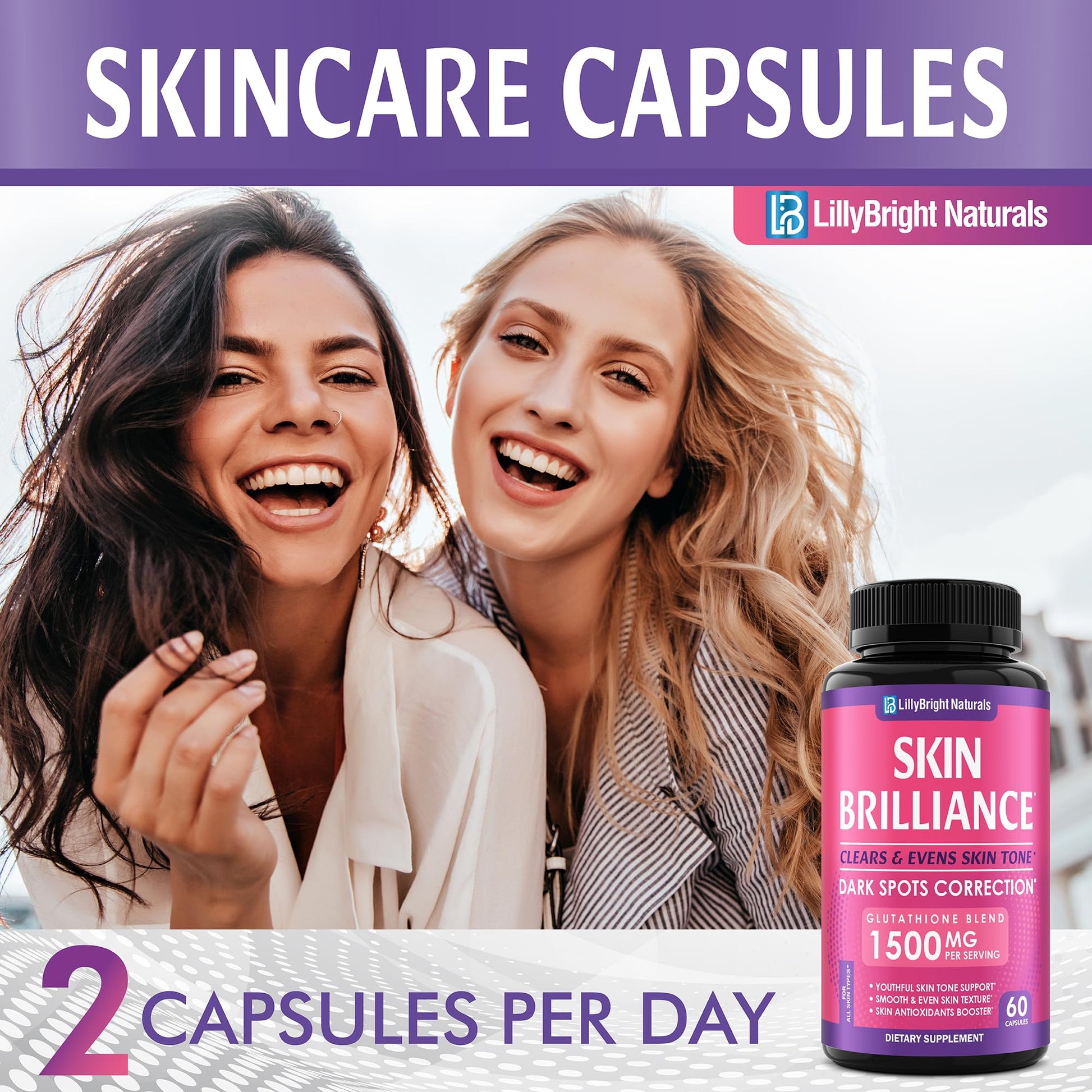 Glutathione Capsules - 1,500mcg L-Glutathione Supplement with Vitamin C - Skin Tone Enhancer - Targets Dark Spots & Acne Marks - Antioxidant Supplement for Beauty & Health Support - 60 Skin Pills LB LILLYBRIGHT NATURALS uk supplements