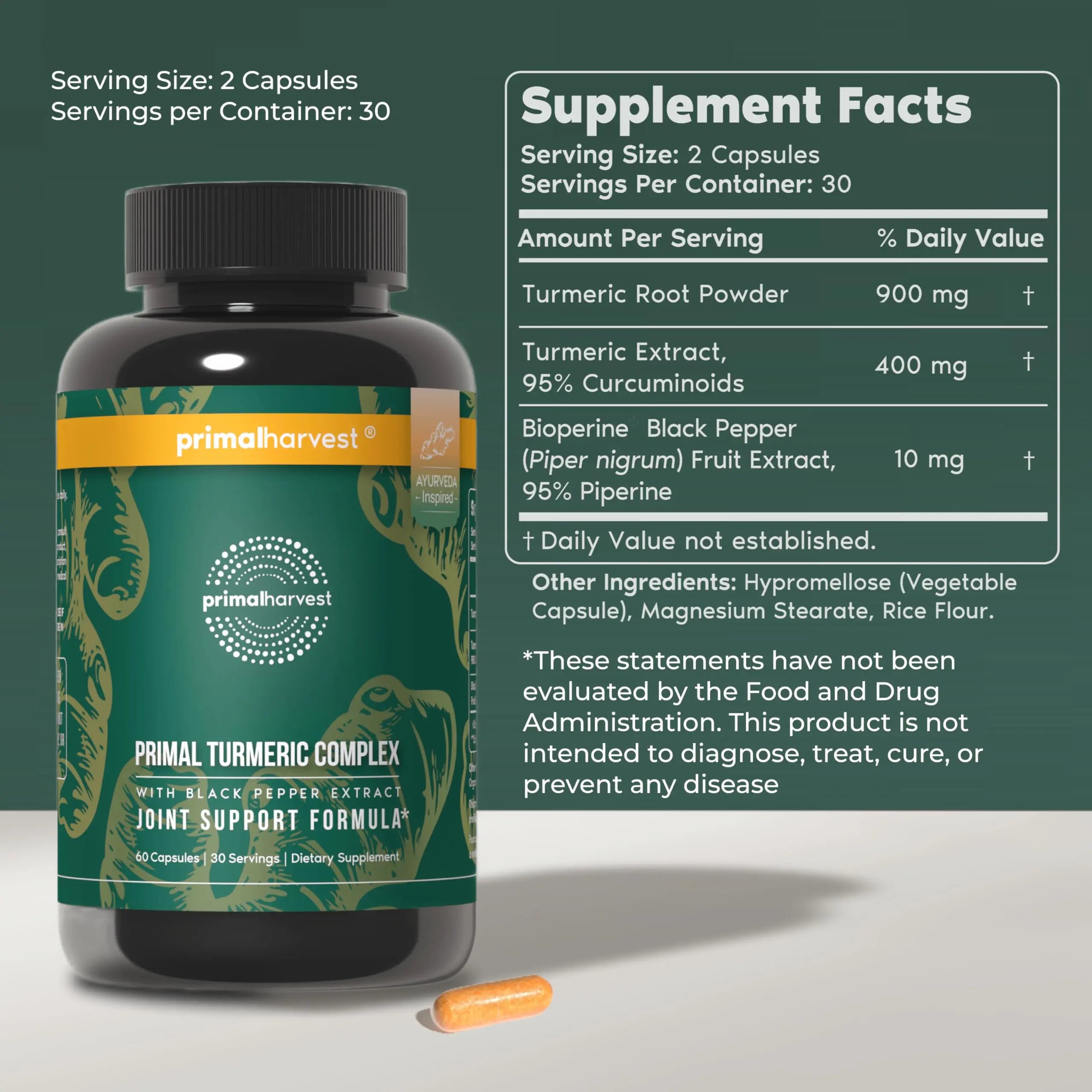 Primal Harvest 1 Pack, Primal Turmeric Complex w/Black Pepper Extract, Joint and Mobility Support Turmeric Supplement for Women & Men, 60 Capsules Primal Harvest uk supplements