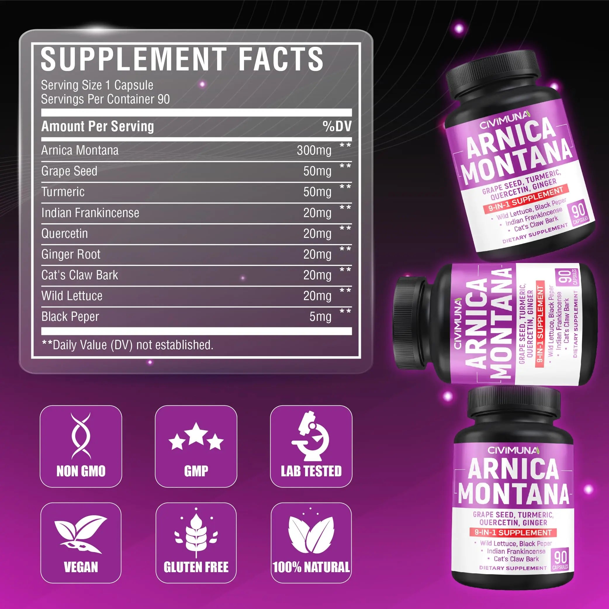 Arnica Capsules with Arnica, Grape Seed, Turmeric and More - 90 Capsules for 3 Months Supply CIVIMUNA uk supplements