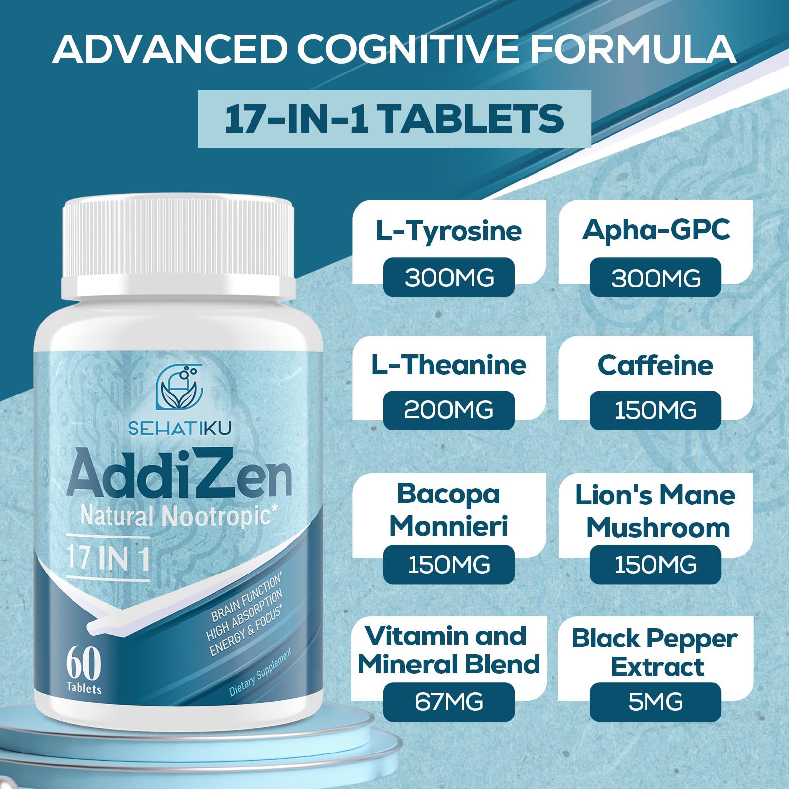 17-in-1 Brain Supplement for Memory and Focus | Natural Nootropics Brain Supplement for Brain Cognition, Energy | High Absorption | L-Theanine, Phytonutrient Blend and Vitamins B6, B12 | 60 Tablets SehatiKu uk supplements