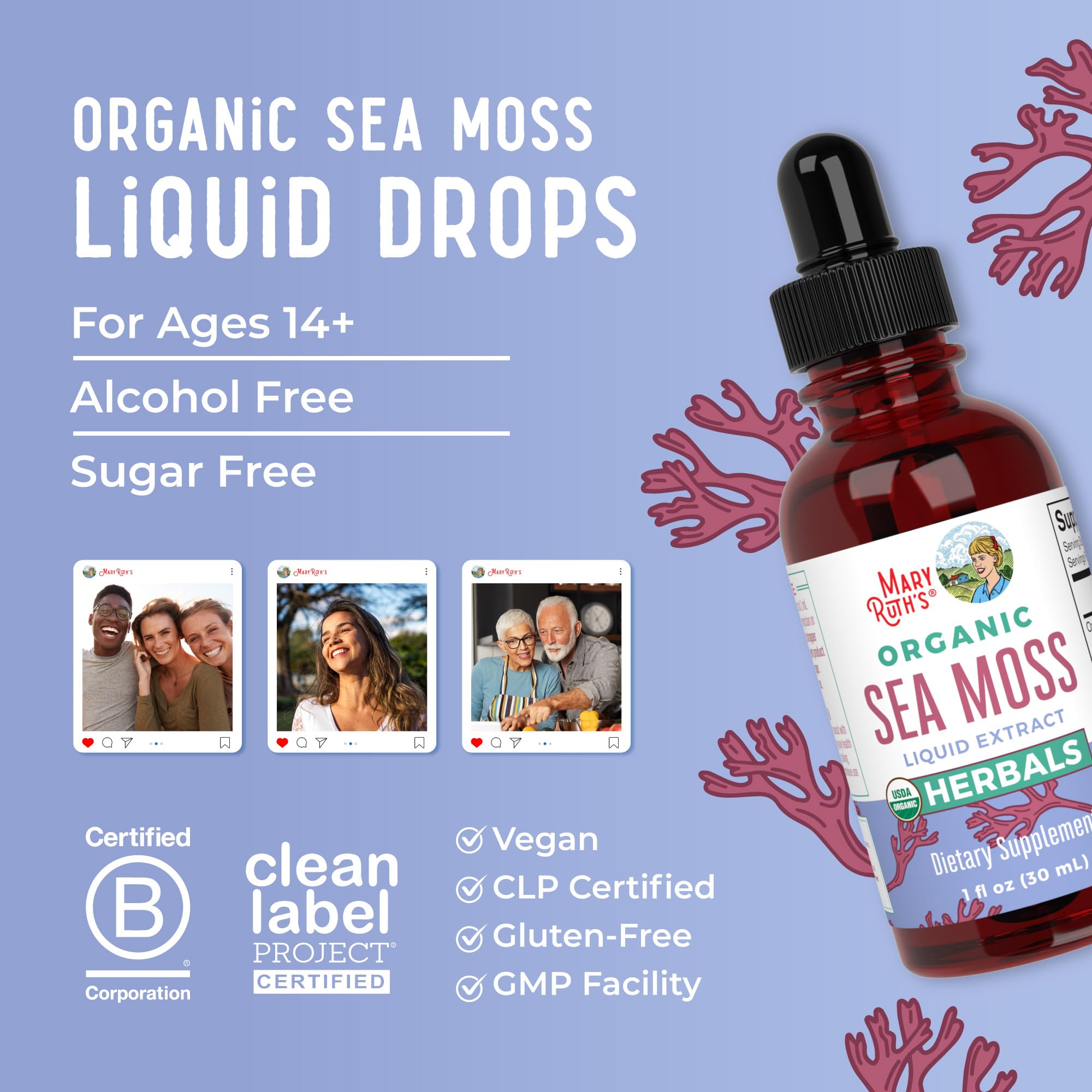 MaryRuth Organics Irish Sea Moss Liquid Drops | Chondrus Crispus | Wild Harvested | Organic Irish Moss Formulated for Adults & Kids Ages 14+ | Unflavored | Sugar Free | Vegan | Non-GMO | 1 Fl Oz MARYRUTH'S uk supplements