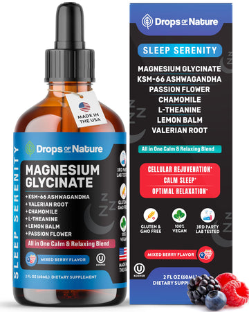 Magnesium Glycinate & Ashwagandha Liquid Drops with Valerian Root, Chamomile, Passion Flower, Lemon Balm & L-Theanine - Vegan Fast Absorption - Supplement for Wellness & Relaxation (Mixed Berry, 60mL) Drops Of Nature uk supplements