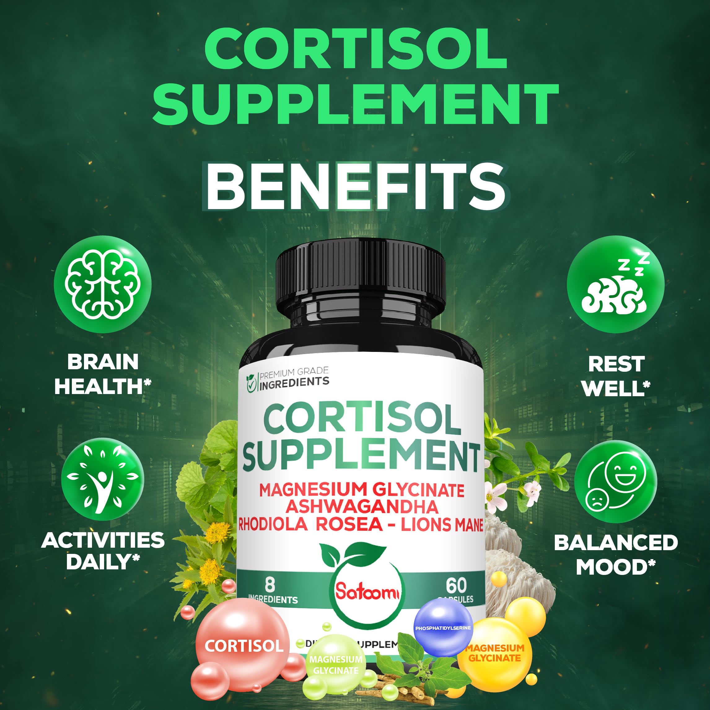 Satoomi 8in1 Cortisol Manager with Magnesium Glycinate, Ashwagandha, Rhodiola Rosea, Lions Mane & More - Cortisol Reducer Supplement Men & Women - 60 Capsules Satoomi uk supplements