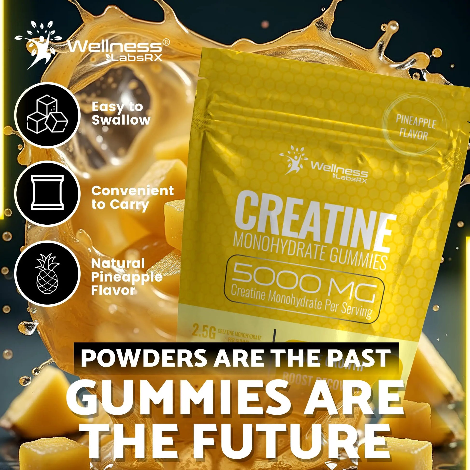 Creatine Gummies 5000mg, 30 Servings Creatine Monohydrate Gummies - Third-Party Tested Creatine for Women, Pineapple Flavor Creatine for Men, Muscle Growth, WELLNESS LABSRX uk supplements