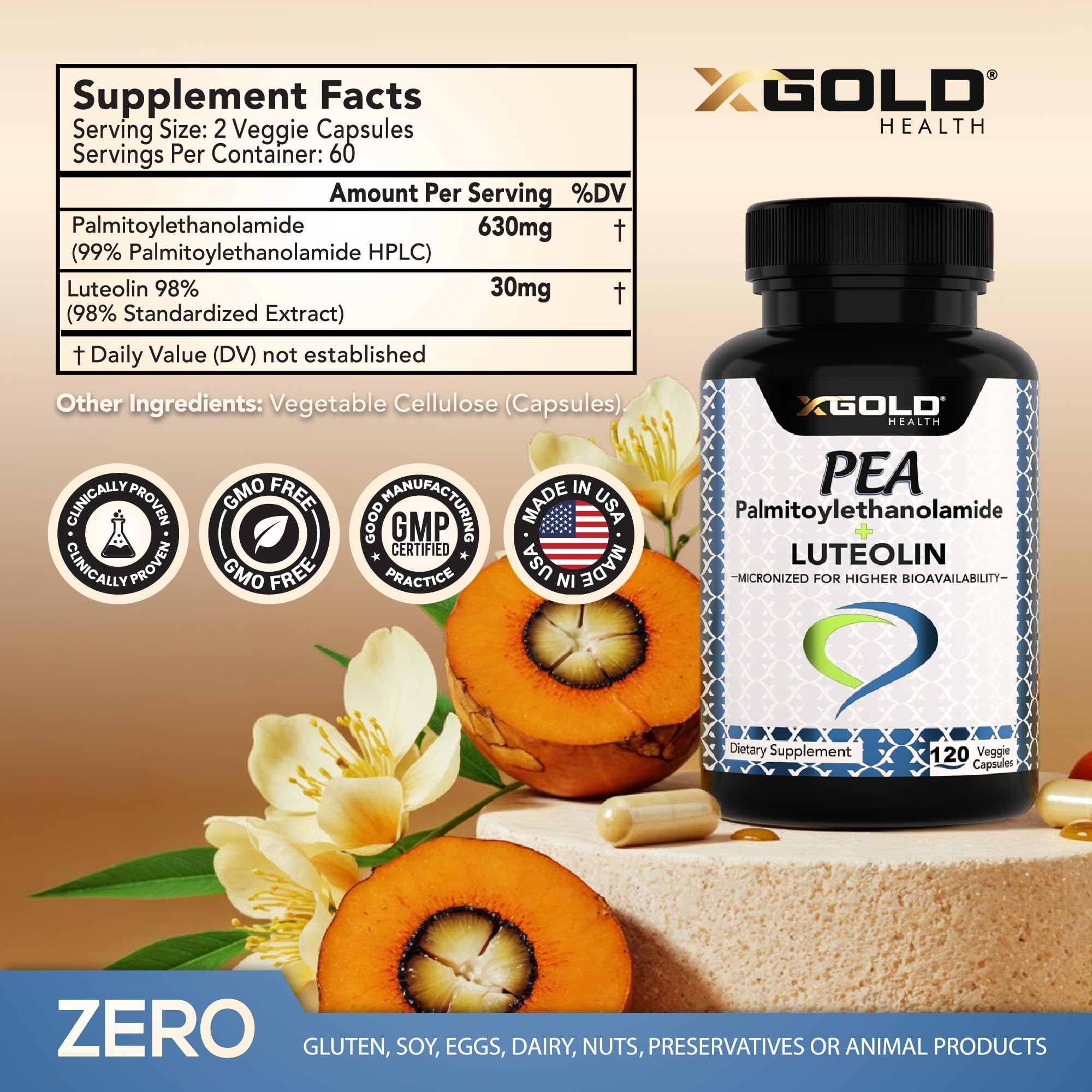 Palmitoylethanolamide 630 mg + Luteolin Standardized 98%- Micronized Pea 99% Highly Purified and Bioavailable - Made in USA - Supplement for Men and Women - 120 Veggie Capsules X Gold Health uk supplements