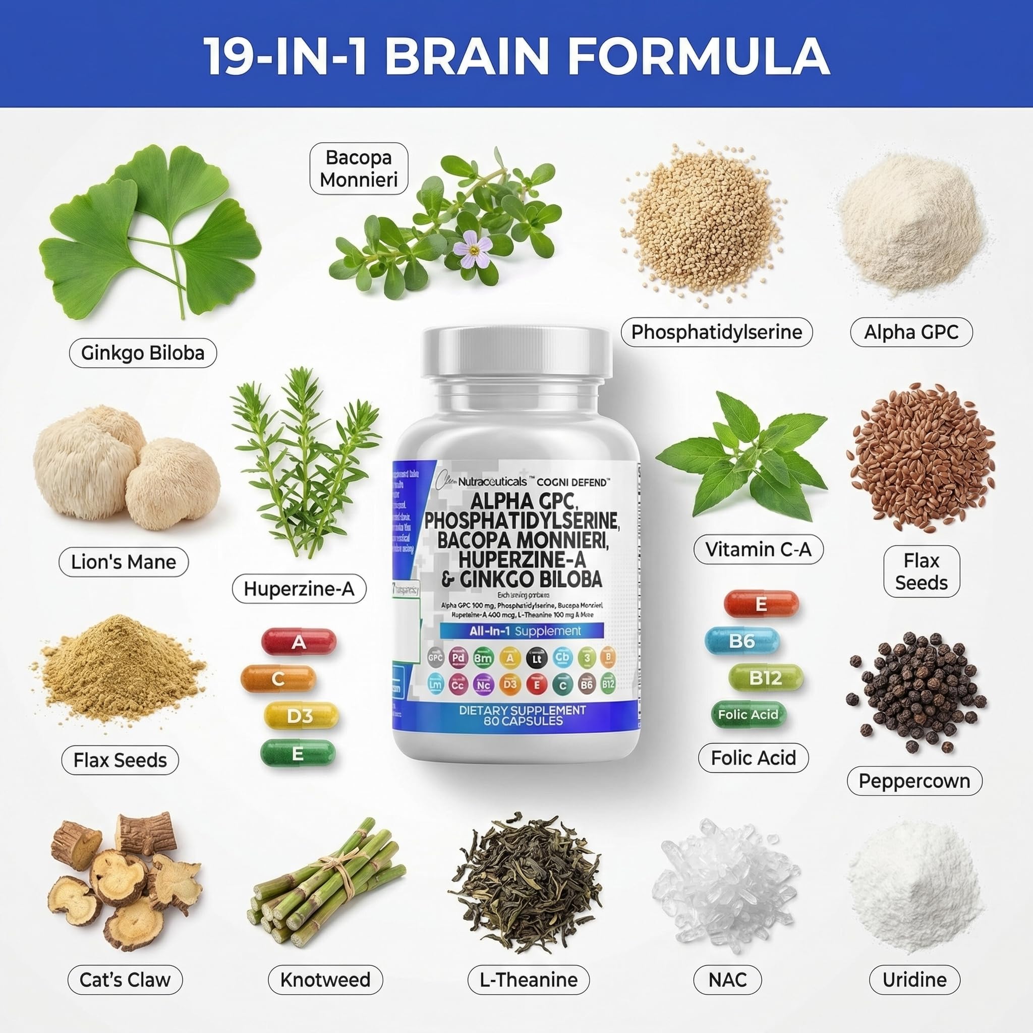 Brain Supplement Alpha GPC 300mg Phosphatidylserine Bacopa Monnieri Ginkgo Biloba Lions Mane Huperzine A L-Theanine NAC Nootropic Memory Focus Cognitive Support Vitamins B C D E 60 Capsules USA Clean Nutraceuticals uk supplements