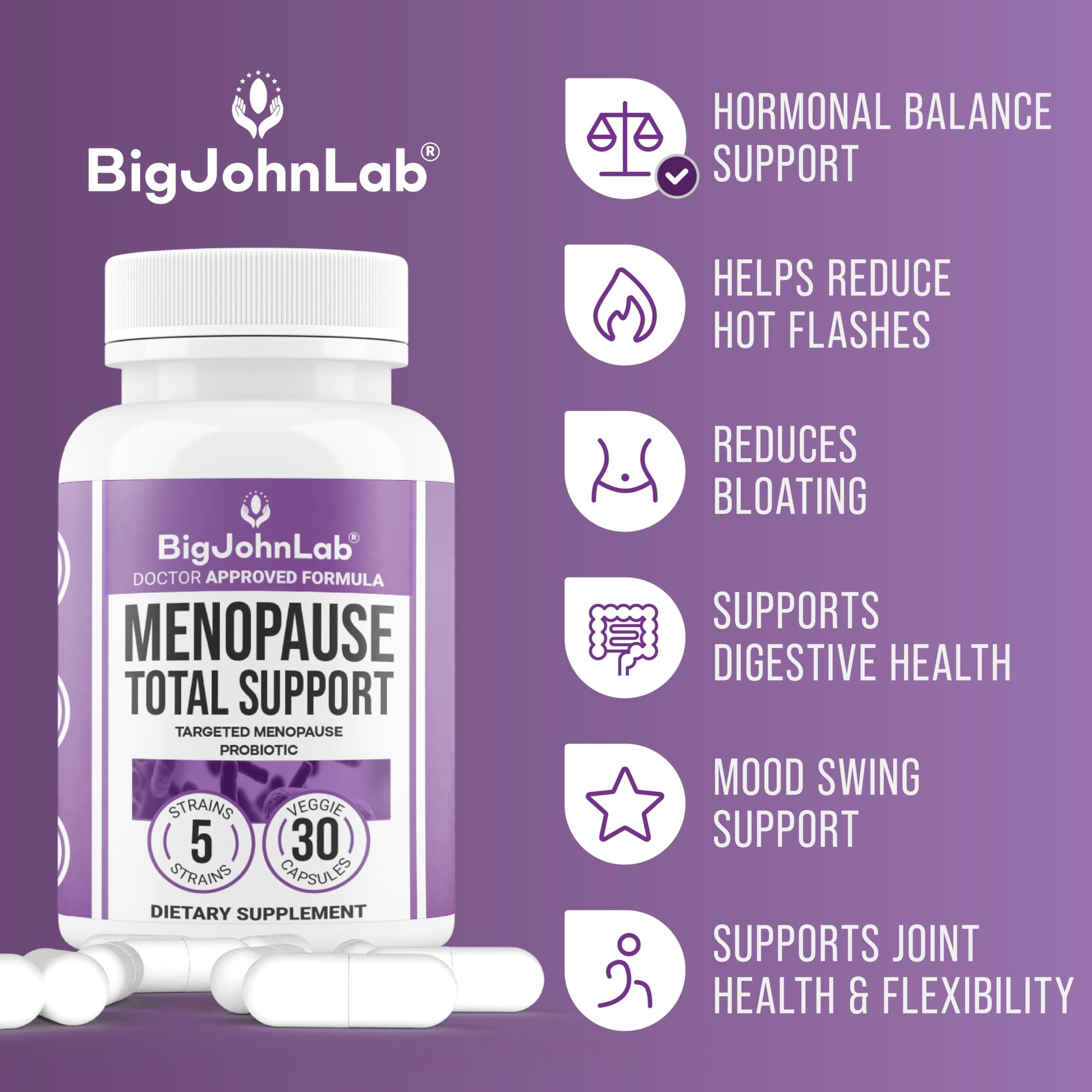 BIGJOHNLAB® - Menopause Total Support – Advanced Probiotic Formula with 5 Strains & 15 Billion CFU, Resveratrol, Black Cohosh, Acacia Fiber, Non-GMO & 100% Vegetarian BIGJOHNLAB uk supplements