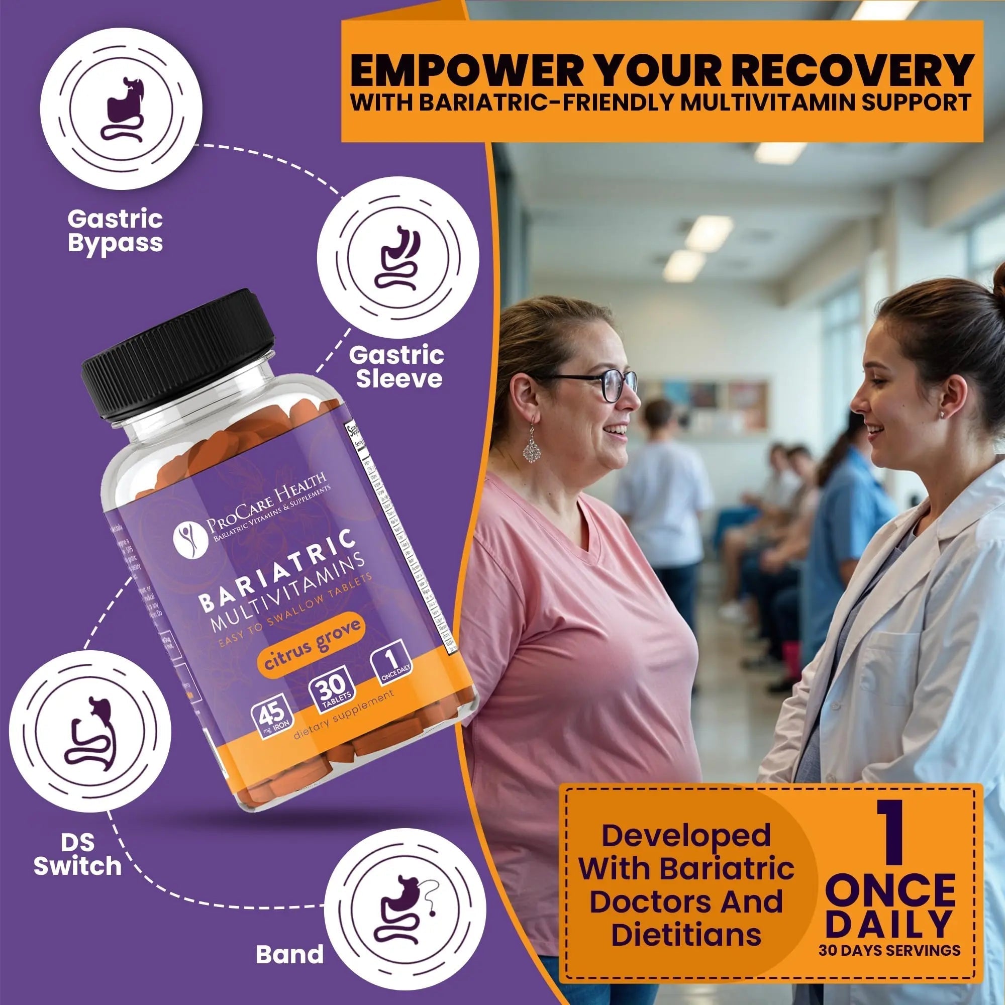 Procare Health Bariatric Multivitamin with Iron 45mg Easy to Swallow 30 Tablets - Post Op Bariatric Vitamins for Gastric Bypass Pills ProCare Health uk supplements