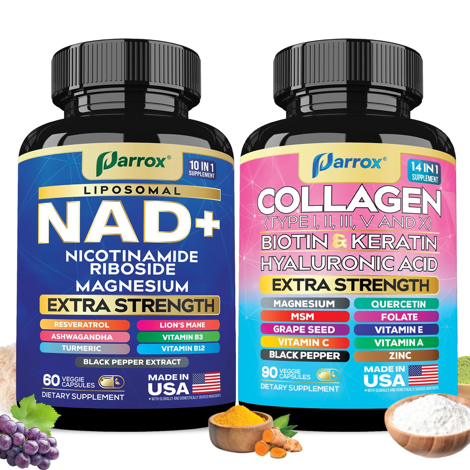 Parrox Forever Young Set with Liposomal NAD, Nicotinamide Riboside, Magnesium, Resveratrol, Lion's Mane, Collagen Peptides Types I, II, III, V and X, Biotin & Keratin, Hyaluronic Acid, Zinc, Quercetin Parrox uk supplements