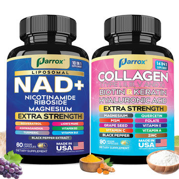 Parrox Forever Young Set with Liposomal NAD, Nicotinamide Riboside, Magnesium, Resveratrol, Lion's Mane, Collagen Peptides Types I, II, III, V and X, Biotin & Keratin, Hyaluronic Acid, Zinc, Quercetin Parrox uk supplements