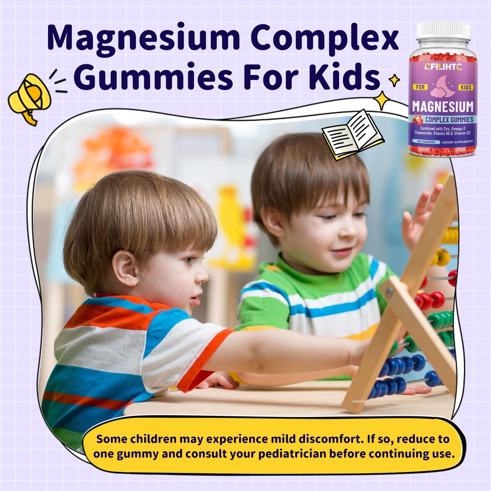 Kids Magnesium Gummies-Magnesium Glycinate Gummies for Kids Supplement-w/Zinc, Chamomile, Omega-3, Vitamin B6, D3 - for Sleep, Relaxation, Brain, Bones, Children's Calm, Sugar Free Strawberry 60ct CFILIHTC uk supplements