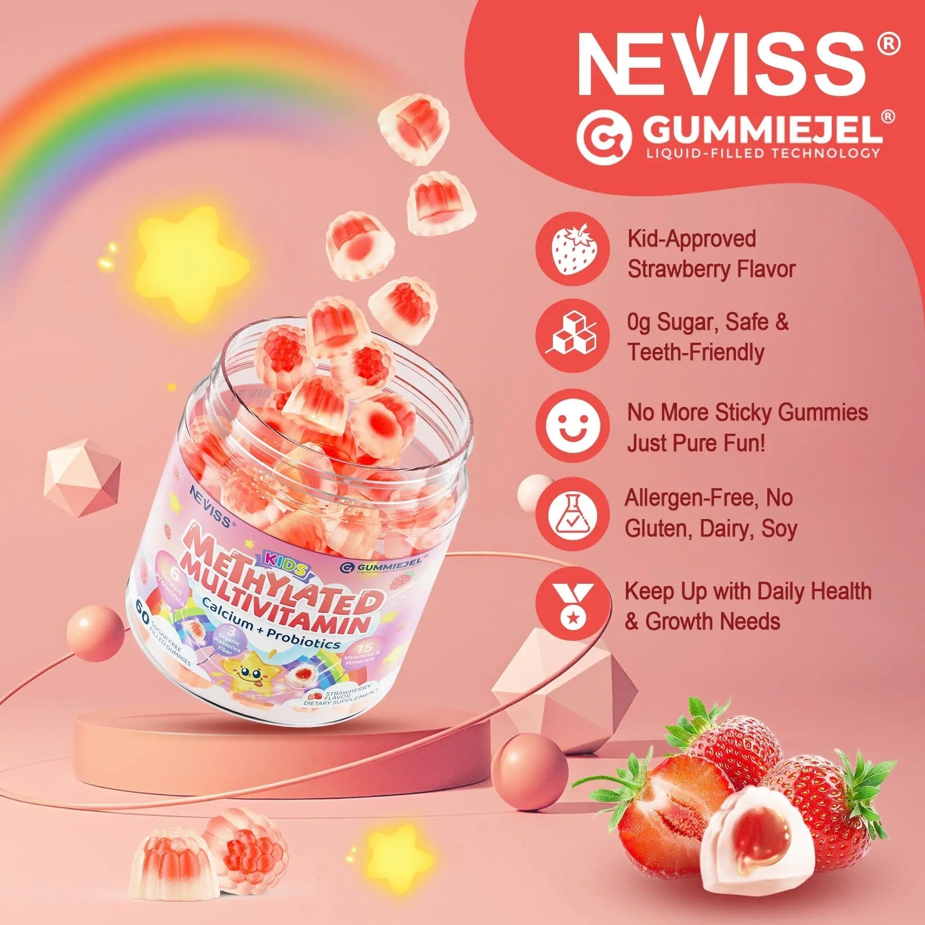 Kids Multivitamin Gummies + Calcium, Probiotics, Vitamin D3, C, Methylated B12 & Methylfolate, B6, A, K2, E, Zinc NEVISS uk supplements