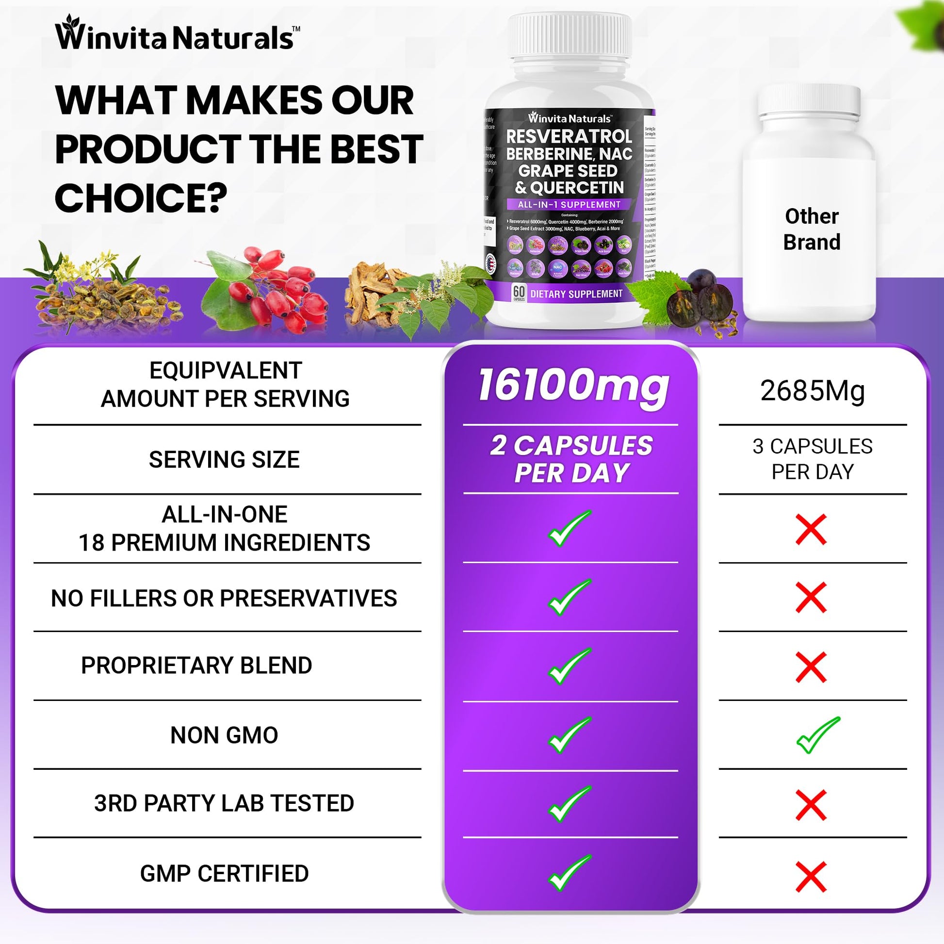 Resveratrol 6000mg Quercetin 4000mg Berberine 2000mg Grape Seed Extract 3000mg Winvita Naturals uk supplements