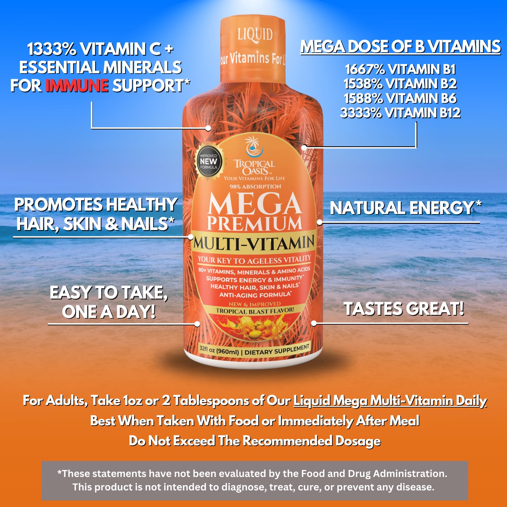 Mega Premium Liquid Multivitamin | Natural Immune Support Vitamin w/ 1333% Vitamin C, 200% D3, Zinc + 20 Vitamins, 70 Minerals, & 21 Amino Acids | Sugar Free | Orange Flavor | 98% Absorption | 32 Serv Tropical Oasis uk supplements