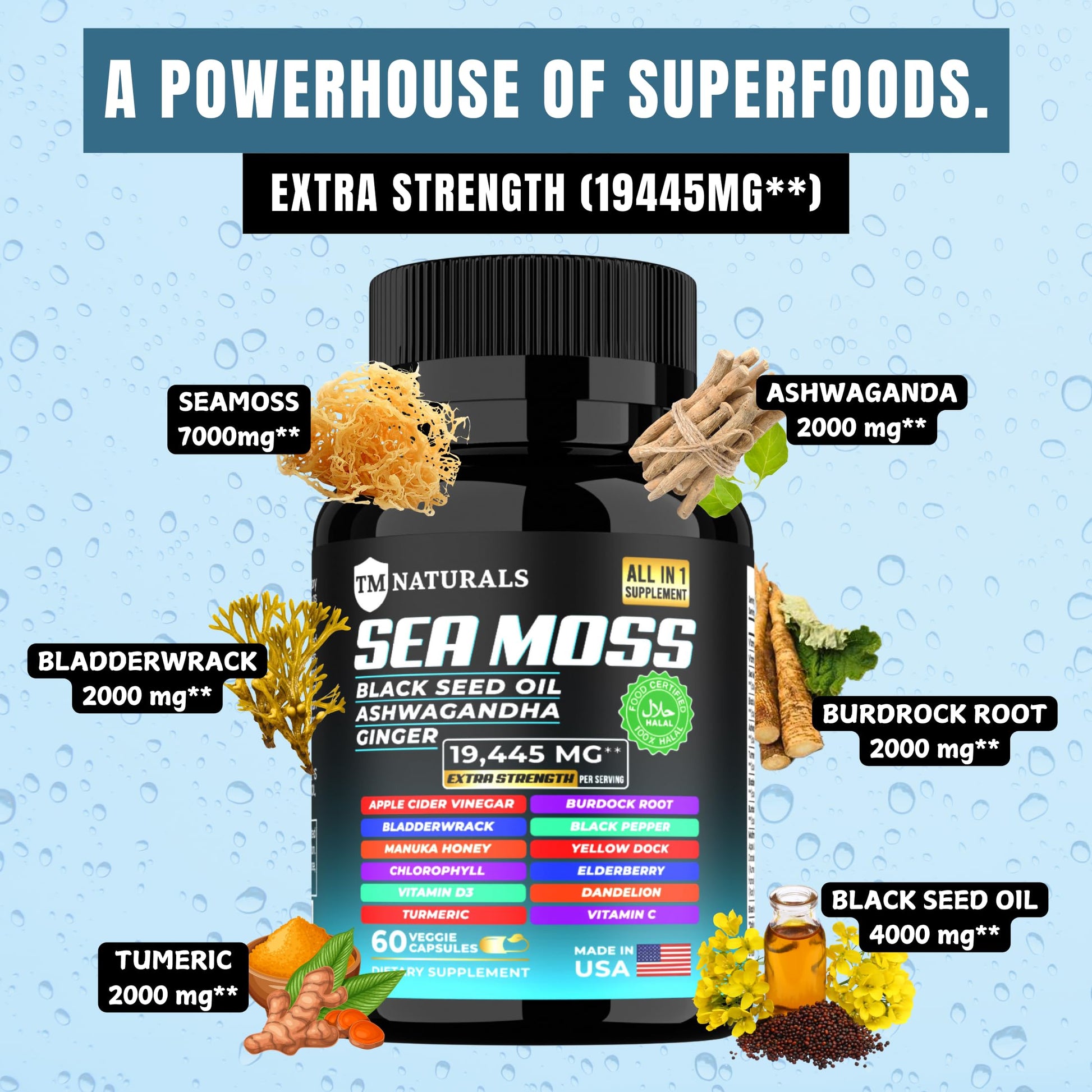TM NATURALS Sea Moss with Black Seed Oil, Vitamin C, Ashwagandha and Turmeric for Immune Support & Energy - 60 Vegan Capsules + Free Pill Box TM NATURALS uk supplements