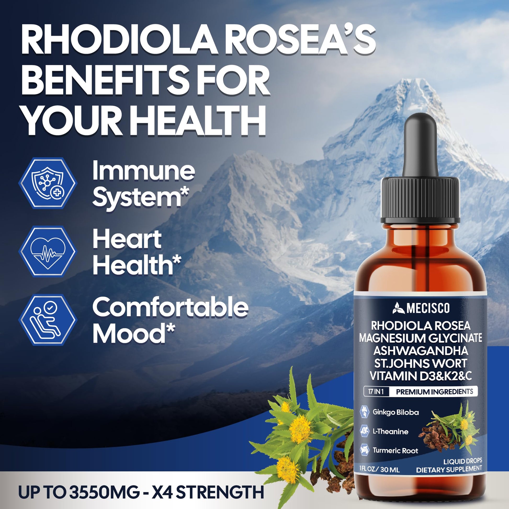 17in1 Rhodiola Rosea Liquid Drops with blend Ashwagandha Magnesium, L-Theanine. Ultra Strength Rhodiola Cortisol Supplement, Rhodiola Root for Support Relaxation, Mood, Energy - 1 FL Oz - 60 Day Mecisco uk supplements