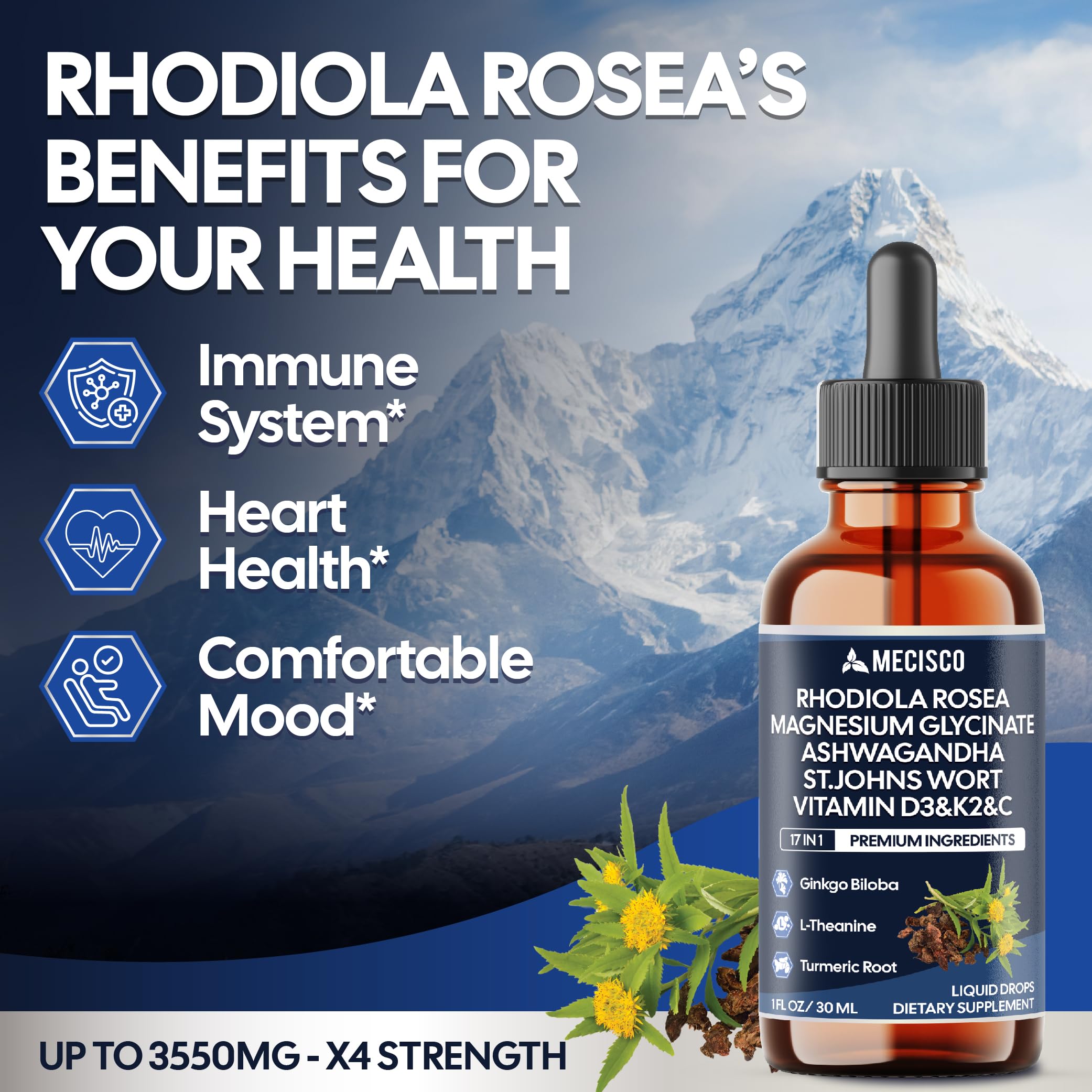 17in1 Rhodiola Rosea Liquid Drops with blend Ashwagandha Magnesium, L-Theanine. Ultra Strength Rhodiola Cortisol Supplement, Rhodiola Root for Support Relaxation, Mood, Energy - 1 FL Oz - 60 Day Mecisco uk supplements
